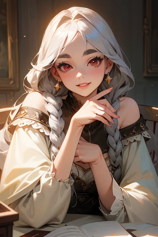 (highest quality, masterpiece:1.2), High resolution, 最高masterpiece、Very detailed, Realistic:1.37, Fantasy, An illustration,Gray Hair、 Red eyes、Queen, White Dress、beautifully、Eyeshadow Red、Thick eyebrows、Long eyelashes、pupils are black、shiny on the lips、Top Sites、Queen、Princess、A kind smile、Show your teeth a little and smile、Soft impression、people々Loved by、Slimming the face、Shoulder Bare、Sexy braids、Kissing Face、White long hair、Refers to 4 books、One thumb、Woman&#39;s finger、