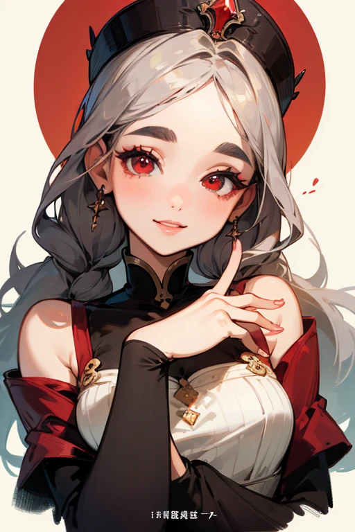 (highest quality, masterpiece:1.2), High resolution, 最高masterpiece、Very detailed, Realistic:1.37, Fantasy, An illustration,Gray Hair、 Red eyes、Queen, White Dress、beautifully、Eyeshadow Red、Thick eyebrows、Long eyelashes、pupils are black、shiny on the lips、Top Sites、Queen、Princess、A kind smile、Show your teeth a little and smile、Soft impression、people々Loved by、Slimming the face、Shoulder Bare、Sexy braids、Kissing Face、White long hair、Refers to 4 books、One thumb、Woman&#39;s finger、