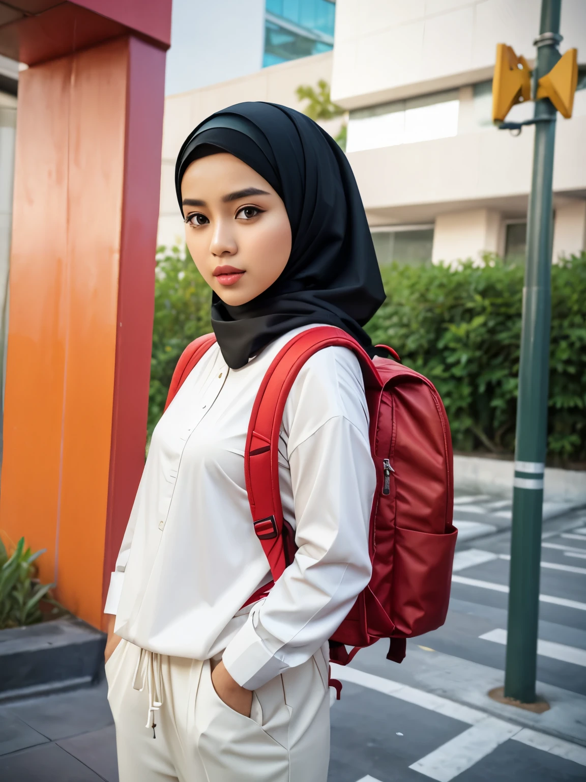 Masterpiece, hd, realistic, Malay girl in hijab wear big oversized loose white collared shirt and high waist pants, ootd, (hijab:1.0), wearing red backpack, (backpack:1.1), square backpack, front view, detail skin, detail skin texture, small breast, standing, outdoor 