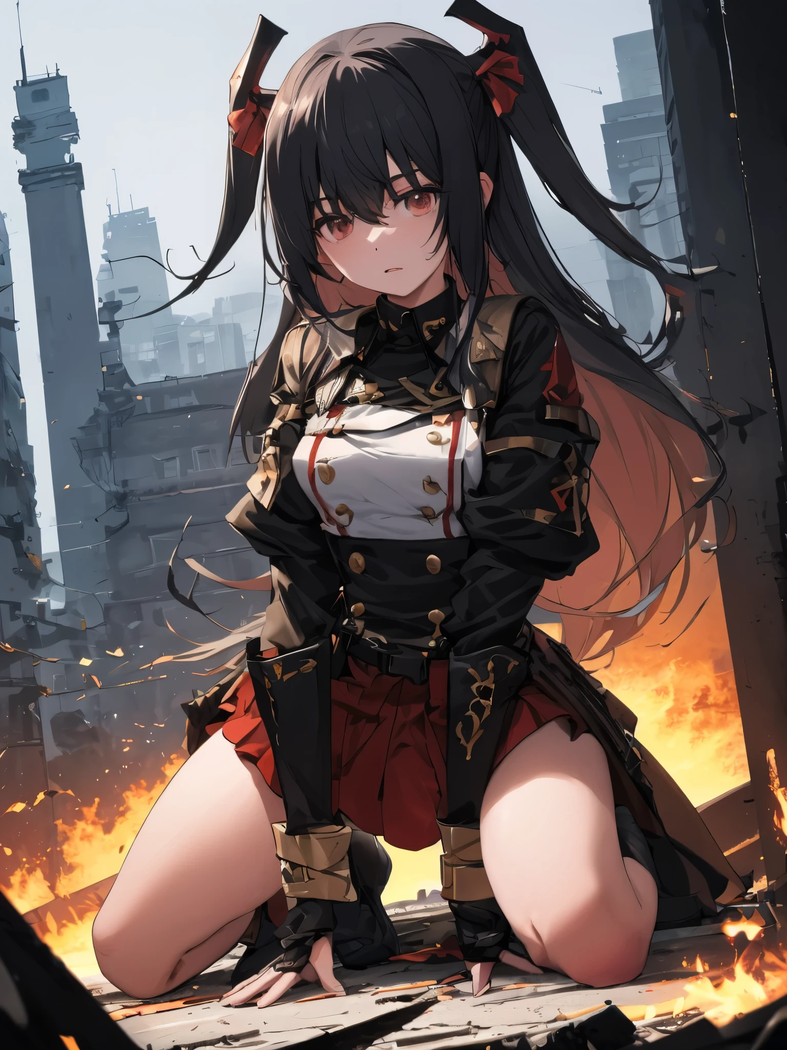 Obra de arte, maximum quality, city in ruins and fire in the background, anime girl in uniform kneeling on the floor, SS Militares nazistas brancos, 4k manga wallpaper, Bleach, Exterminador, will tear the fallen blood, badass anime 8K, gapmoe Yandere, Yandere, albedo do Anime Overlord, sorriso assustador, risada louca, risada angular nos cantos da boca, cabelo preto cabelo longo, minissaia branca, uniforme militar branco de mangas compridas