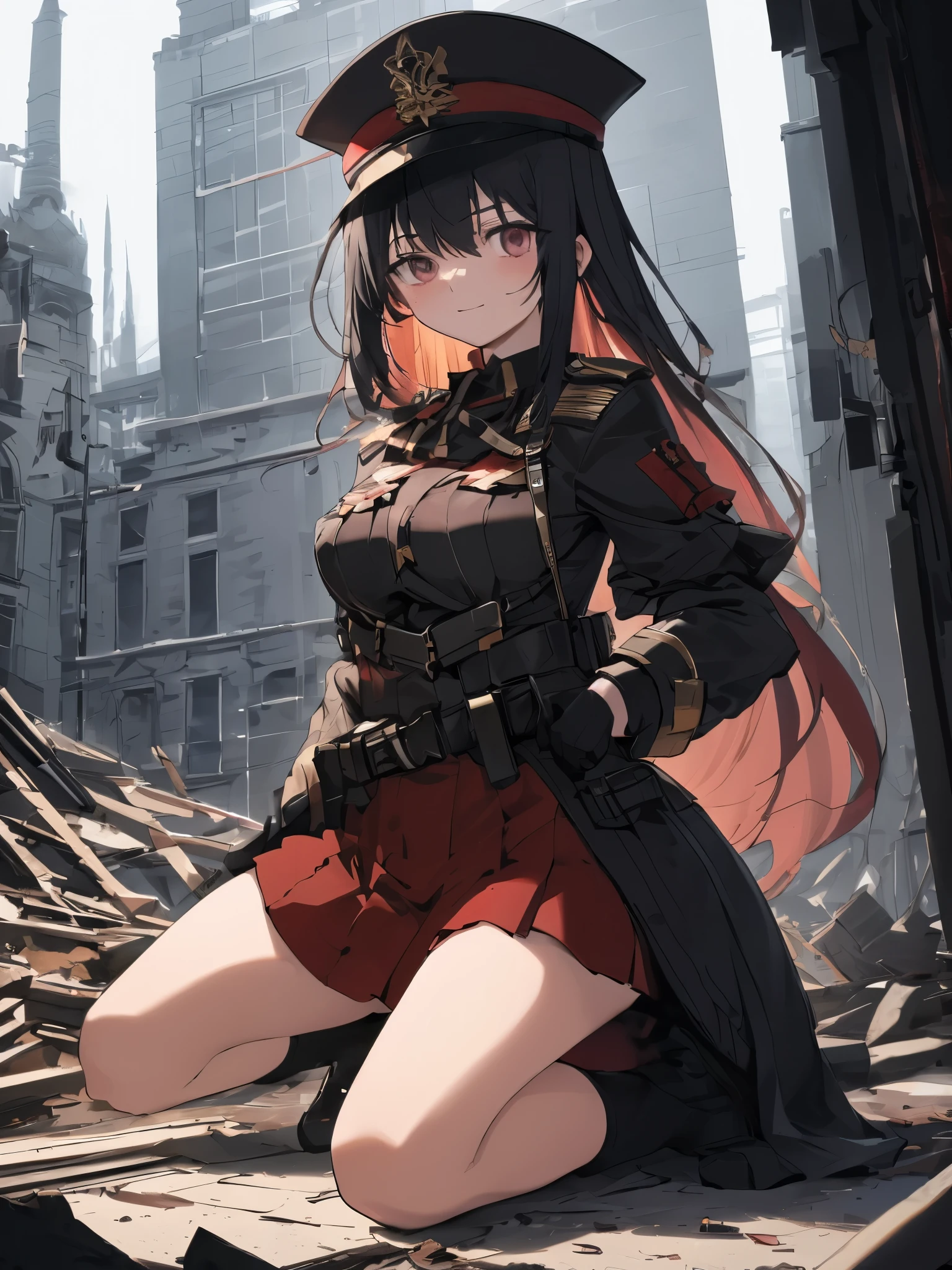 Obra de arte, maximum quality, city in ruins and fire in the background, anime girl in uniform kneeling on the floor, SS Militares nazistas brancos, 4k manga wallpaper, Bleach, Exterminador, will tear the fallen blood, badass anime 8K, gapmoe Yandere, Yandere, albedo do Anime Overlord, sorriso assustador, risada louca, risada angular nos cantos da boca, cabelo preto cabelo longo, minissaia branca, uniforme militar branco de mangas compridas