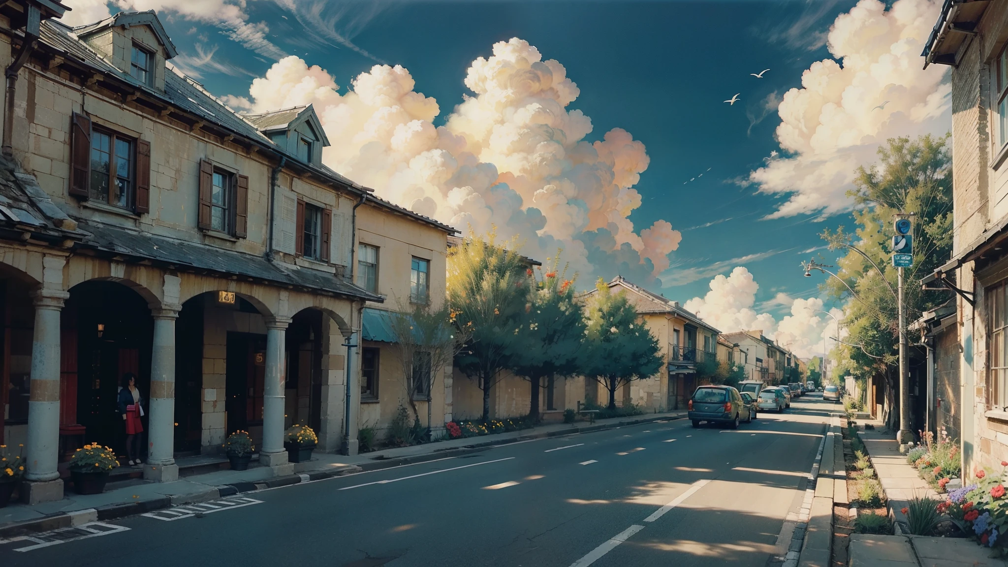 Oil_,architecture, street,Sunlight, Flowers, Green Plants,((Blue sky)),((cloud)),