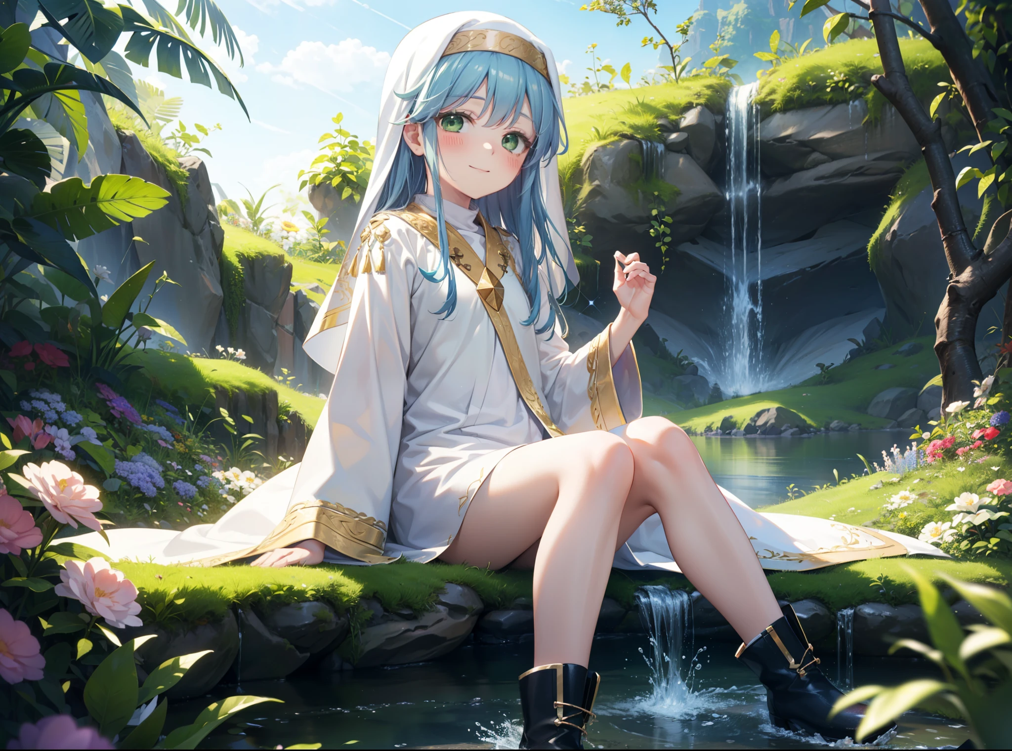 index, index, (Green Eyes:1.5), Blue Hair, Long Hair, (Flat Chest:1.2),
break habit, Long sleeve, Robe,白色Robe,Nuns,Wide sleeves,short boots,blush,happy smile, smile,corolla,whole bodyがイラストに入るように,Sitting,Looking up from below,
break looking at viewer, whole body,
break outdoors, nature,Flower Field,Large Lake,
break (masterpiece:1.2), highest quality, High resolution, unity 8k wallpaper, (shape:0.8), (Beautiful details:1.6), Highly detailed face, Perfect lighting, Highly detailed CG, (Perfect hands, Perfect Anatomy),