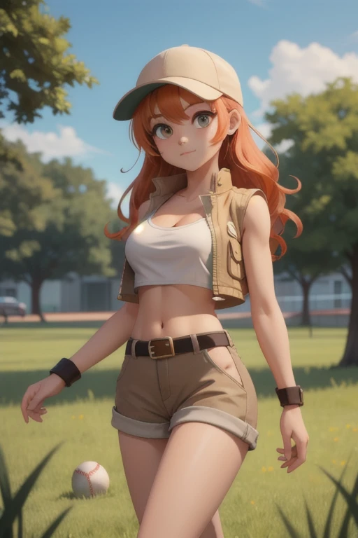 masterpiece,best quality,outdoors,grass,fiodef,1girl,solo,looking at viewer,wariza,arm support,orange hair,hat,baseball cap,crop top,shorts,midriff,vest,navel,belt,short shorts,tank top,cleavage,brown shorts,