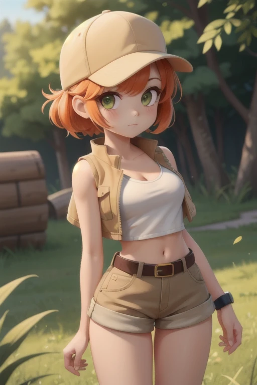 masterpiece,best quality,outdoors,grass,fiodef,1girl,solo,looking at viewer,wariza,arm support,orange hair,hat,baseball cap,crop top,shorts,midriff,vest,navel,belt,short shorts,tank top,cleavage,brown shorts,