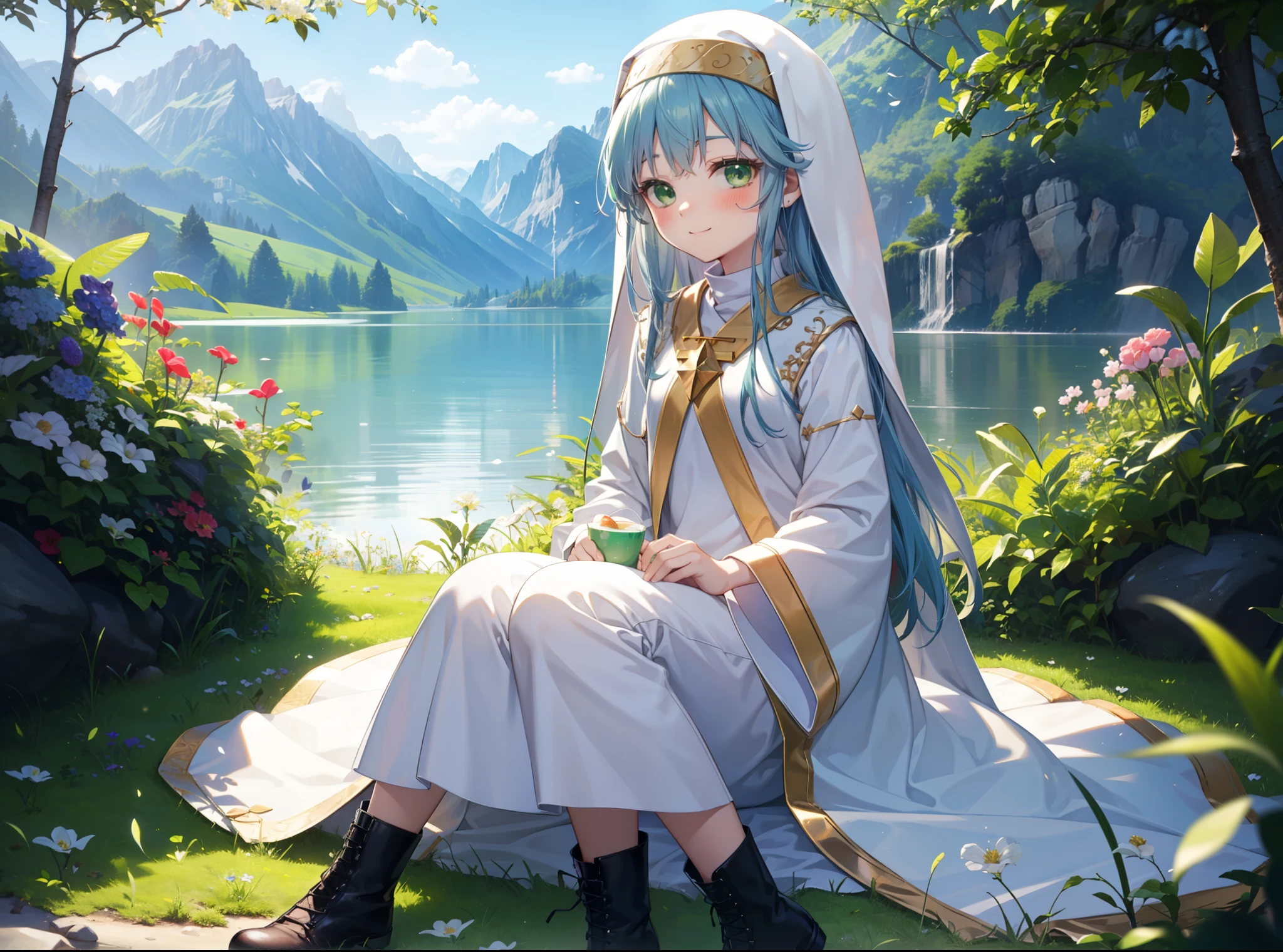 index, index, (Green Eyes:1.5), Blue Hair, Long Hair, (Flat Chest:1.2),
break habit, Long sleeve, Robe,白色Robe,Nuns,Wide sleeves,short boots,blush,happy smile, smile,corolla,whole bodyがイラストに入るように,Sitting,Looking up from below,
break looking at viewer, whole body,
break outdoors, nature,Flower Field,Large Lake,
break (masterpiece:1.2), highest quality, High resolution, unity 8k wallpaper, (shape:0.8), (Beautiful details:1.6), Highly detailed face, Perfect lighting, Highly detailed CG, (Perfect hands, Perfect Anatomy),