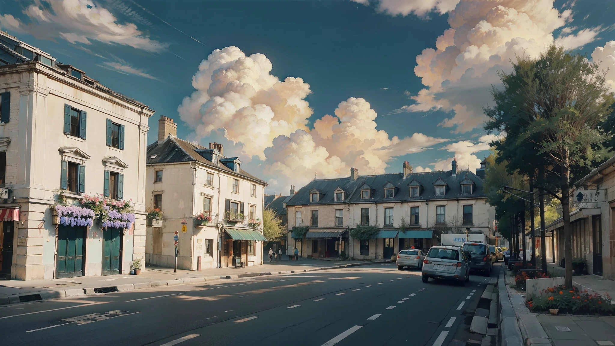 Oil_,architecture, street,Sunlight, Flowers, Green Plants,((Blue sky)),((cloud)),