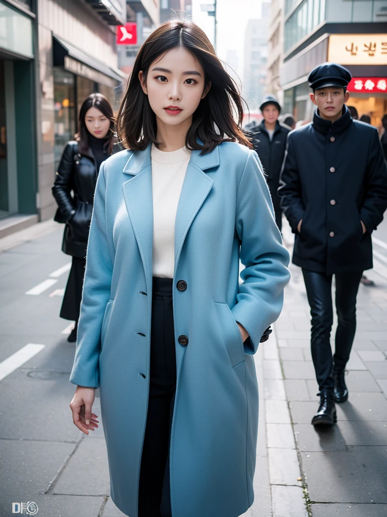 (realistic、highest resolution:1.3)、Delicate facial expression, A woman in a blue coat is walking down the street, 1 Korean beauty, different actions, clothes:random color,