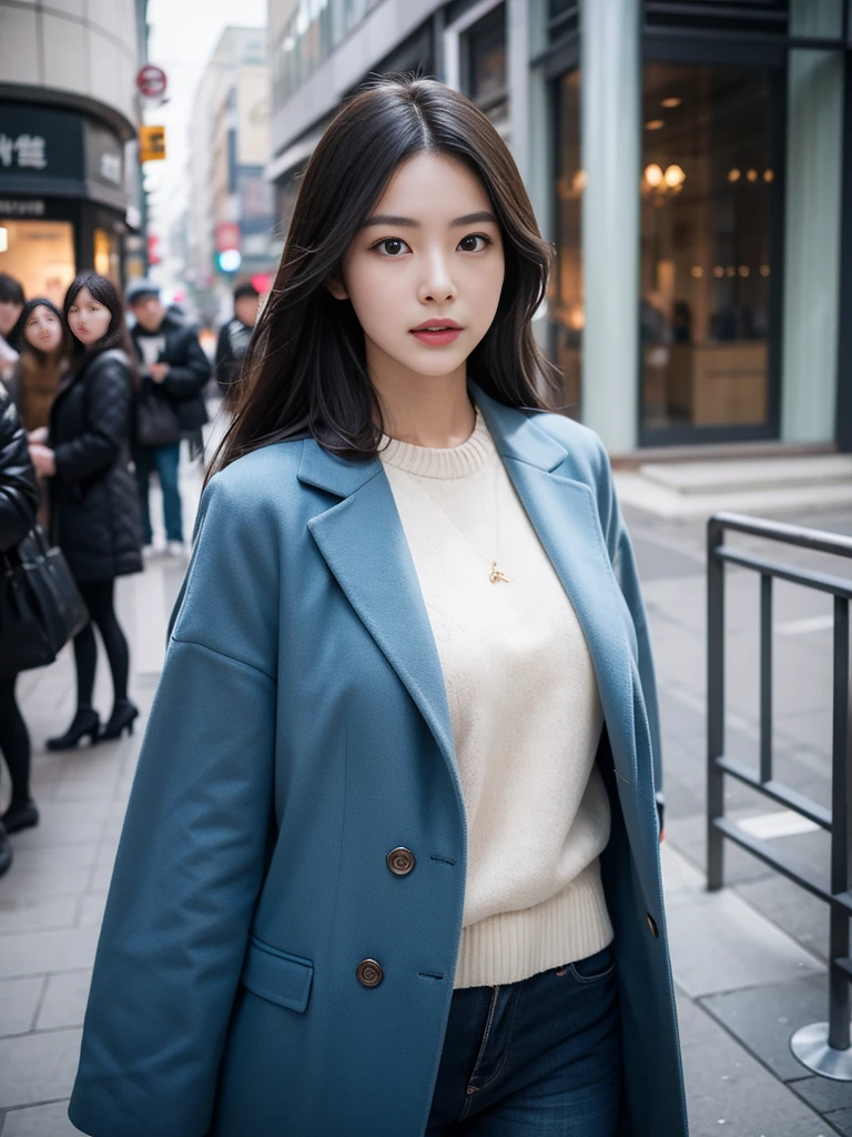 (realistic、highest resolution:1.3)、Delicate facial expression, A woman in a blue coat is walking down the street, 1 Korean beauty, different actions, clothes:random color,