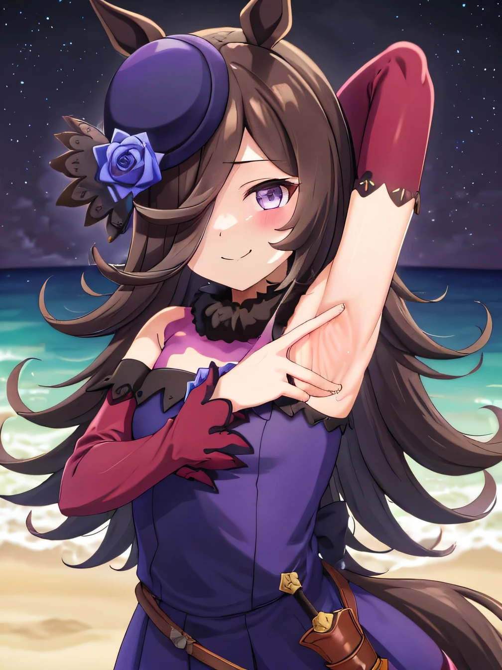 (rice shower \(umamusume\)),(masterpiece),illustration,brown dark hair,long hair,purple eyes,swept bangs,long bangs,long hair,small breast,hair covers right eye,small formal hat on right ear,Purple rose on the hat,purple dark dress,bare shoulders,fur collar,blue rose,short dress,boots, tachi-e, solo, upper body, night sky, beach, arms behind head, contrapposto, spread armpits, looking at viewer, best quality, closed mouth, smile, blushing,