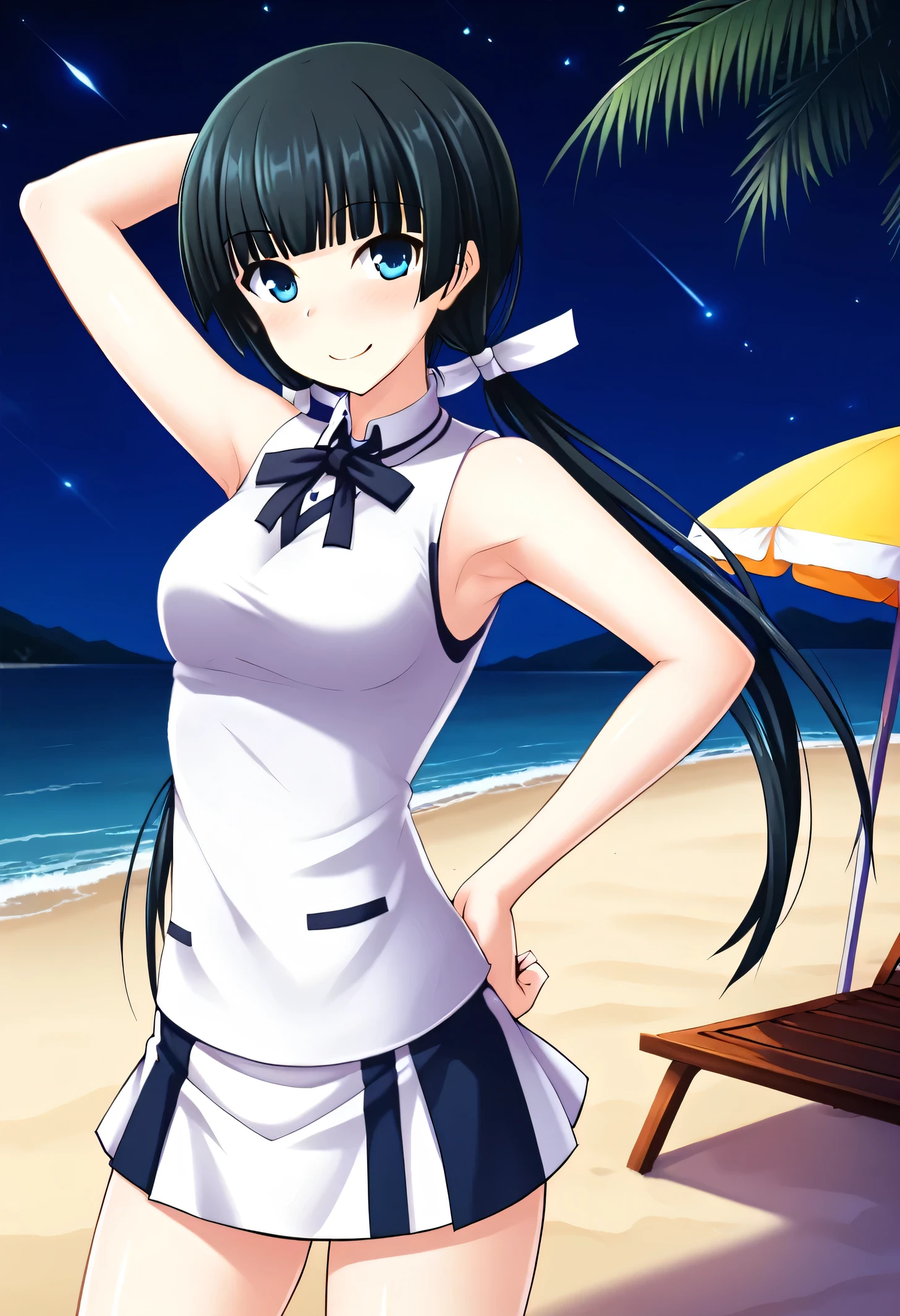 Mayuzumi Yukie, black hair, blunt bangs, long hair, low twintails, blue eyes , short sleeves, white sweater vest, white shirt, white skirt, neck ribbon, black ribbon, high quality, solo, night sky, beach, arm behind head, hand on hip, contrapposto, closed mouth, spread armpits, (cowboy shot:1.5), looking at viewer, shy, light smile, best quality, {blushing},