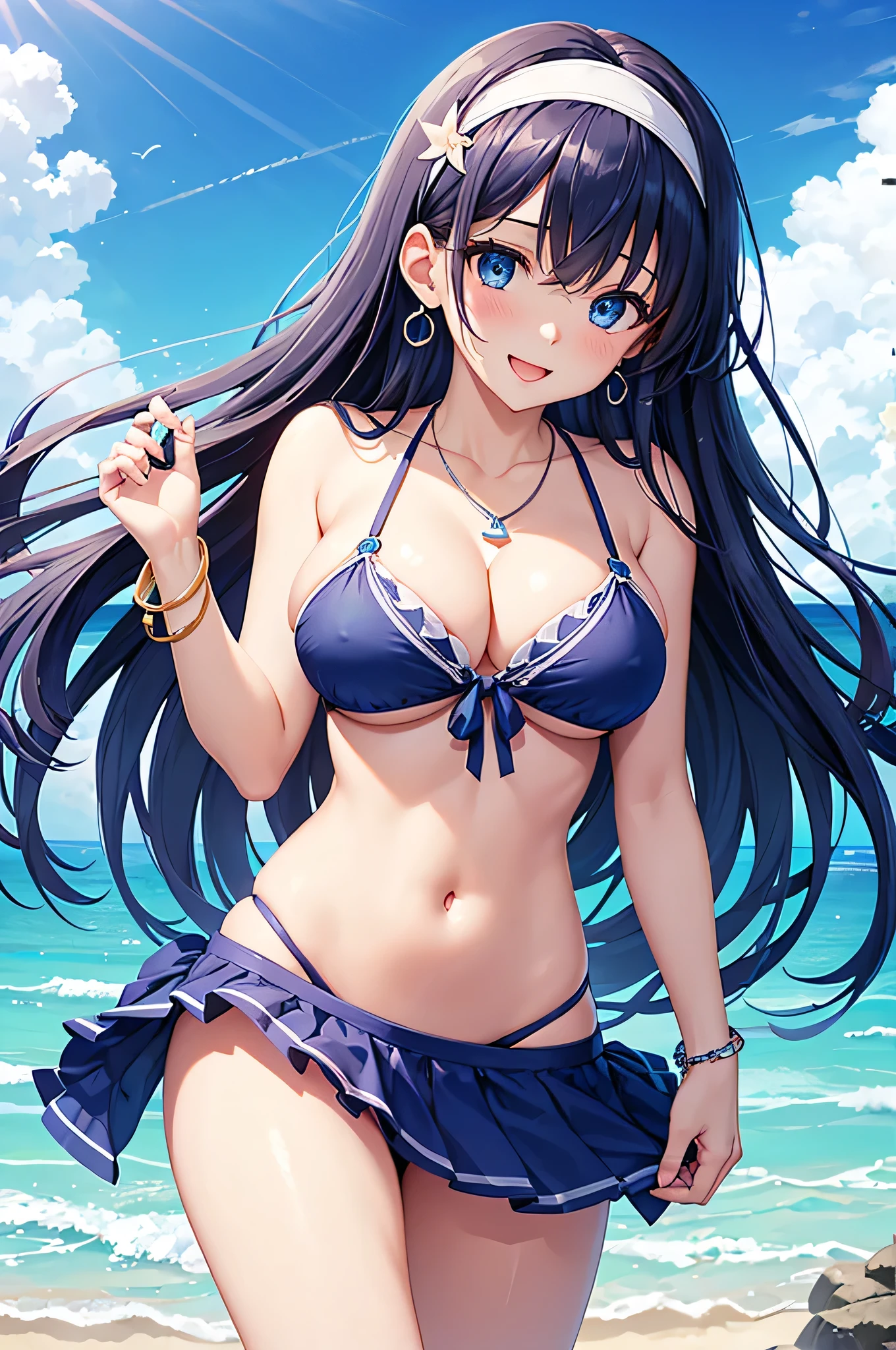 highest quality、Best image quality、masterpiece、beautiful girl、Navy blue long hair、blue eyes、Navy Blue Bikini、Big cleavage、(Big Breasts)、smile、blue necklace、Blue Earrings、background(Beach)、Sexy pose、Please open your mouth wide、White headband、Lie on your back on the beach、bracelet