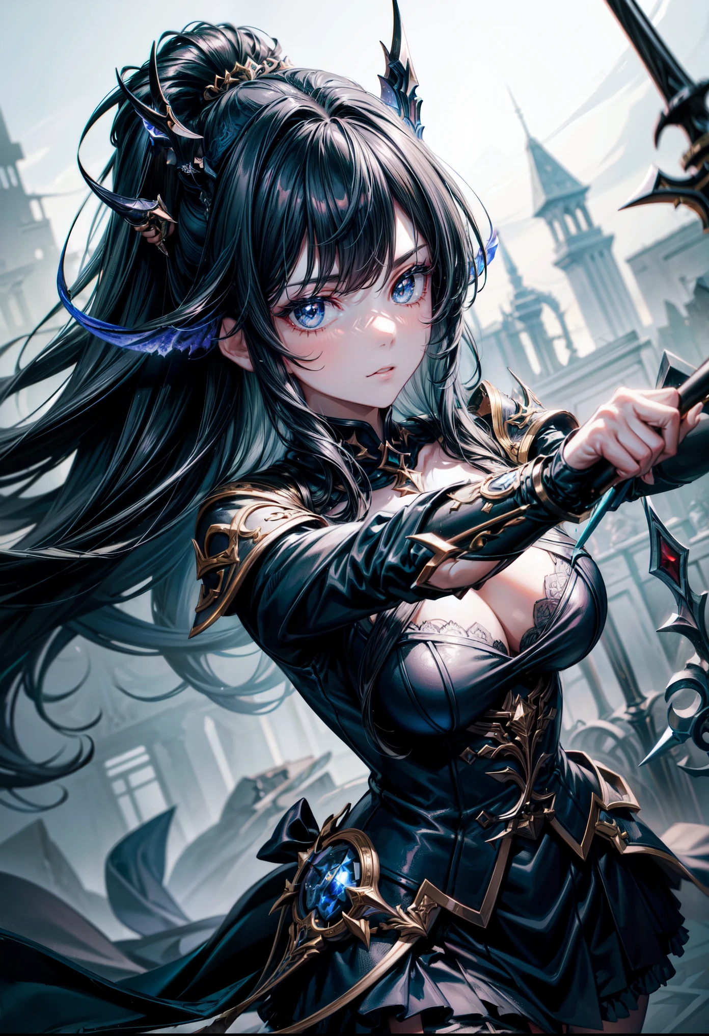 A dark-haired girl wields a heavy rapier with an underhand grip inside Elden Ring.