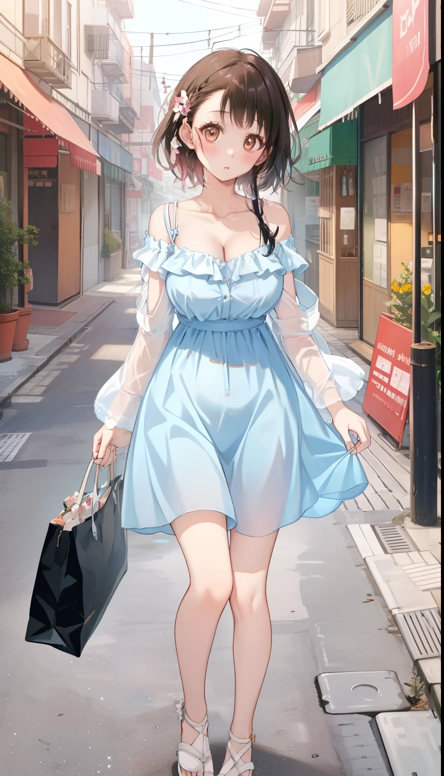 One Girl、positive、Standing posture、Full body portrait、Black Hair、Medium Haircut、blush、Absolute area、No panties、No bra、barefoot、Light blue dress、Off-the-shoulder dress、（Very large breasts）、Cleavage、((Lesbians around the world))、masterpiece、（highest quality）、、White heel sandals、Shirt buttons fly off、Unbutton your shirt、Exposing the breasts、Shopping Street