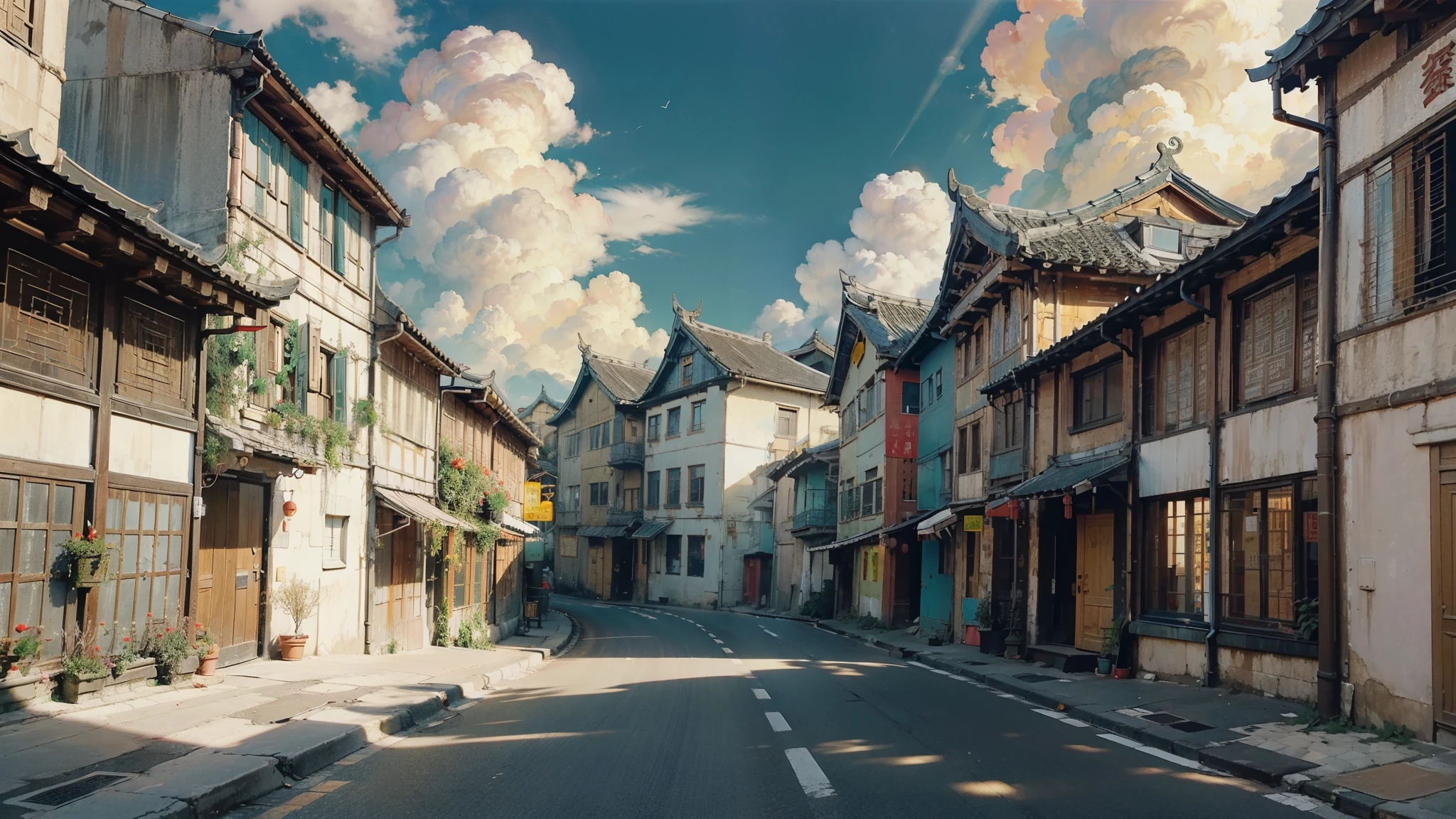 Oil_,architecture, Traditional Chinese streets,Sunlight, Flowers, Green Plants,((Blue sky)),((cloud)),