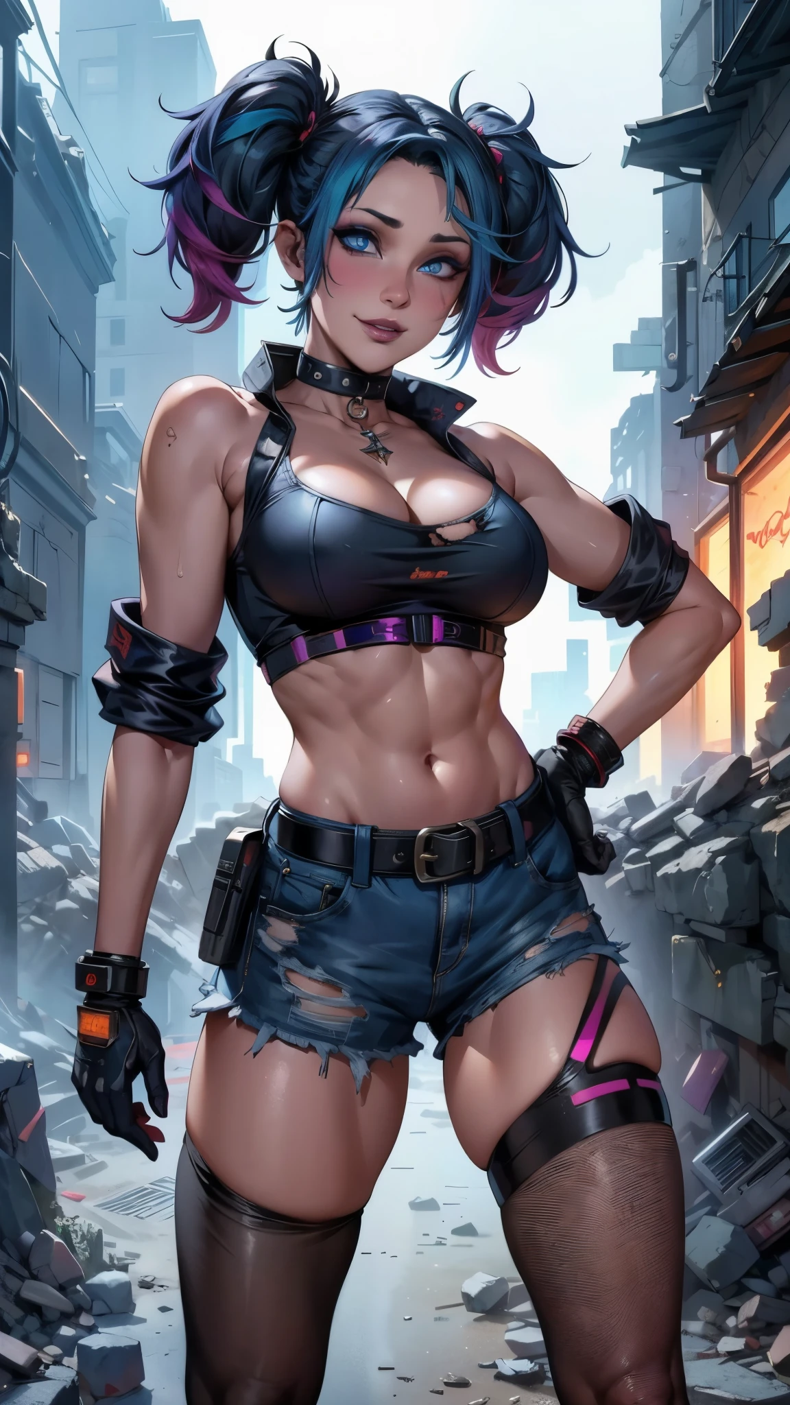 1girl, blonde hair, twintails, shorts, pantyhose, crop top, torn clothes, blue eyes, solo, makeup, midriff, gloves, jewelry, navel, short shorts, bracelet, torn shirt, fishnets, spikes, multicolored clothes, belt, fishnet pantyhose, spiked bracelet, single glove, torn pantyhose, breasts, graffiti, lipstick, jacket, clothes writing, multicolored hair, collar, eyeshadow, blue hair, multicolored jacket, blood, smile, shirt, looking at viewer, nail polish, choker,, ,(Fondo de ruinas de mazmorra en ruinas piedras grandes cyberpunk :1.4 ), (perfect anatomy:1.4), More detailed 8K.motor irreal:1.4,UHD,La mejor calidad:1.4, fotorrealista:1.4, textura de la piel:1.4, obra maestra:1.8,obra-prima, mejor calidad,objeto Objeto], (detailed face features:1.3),(Las proporciones correctas),(Ojos hermosos azules:1.4 ),  (pose vaquero),( cinematic lighting :1.4), (face detailed:1.4), score_9, score_8_up, score_7_up, score_6_up, rating_explicit, 1girl, ((18YO:1.2)), Adult, full lips, big clear eyes, light blue eyes, (( hair:1)), (long wavy hair: 1.2),