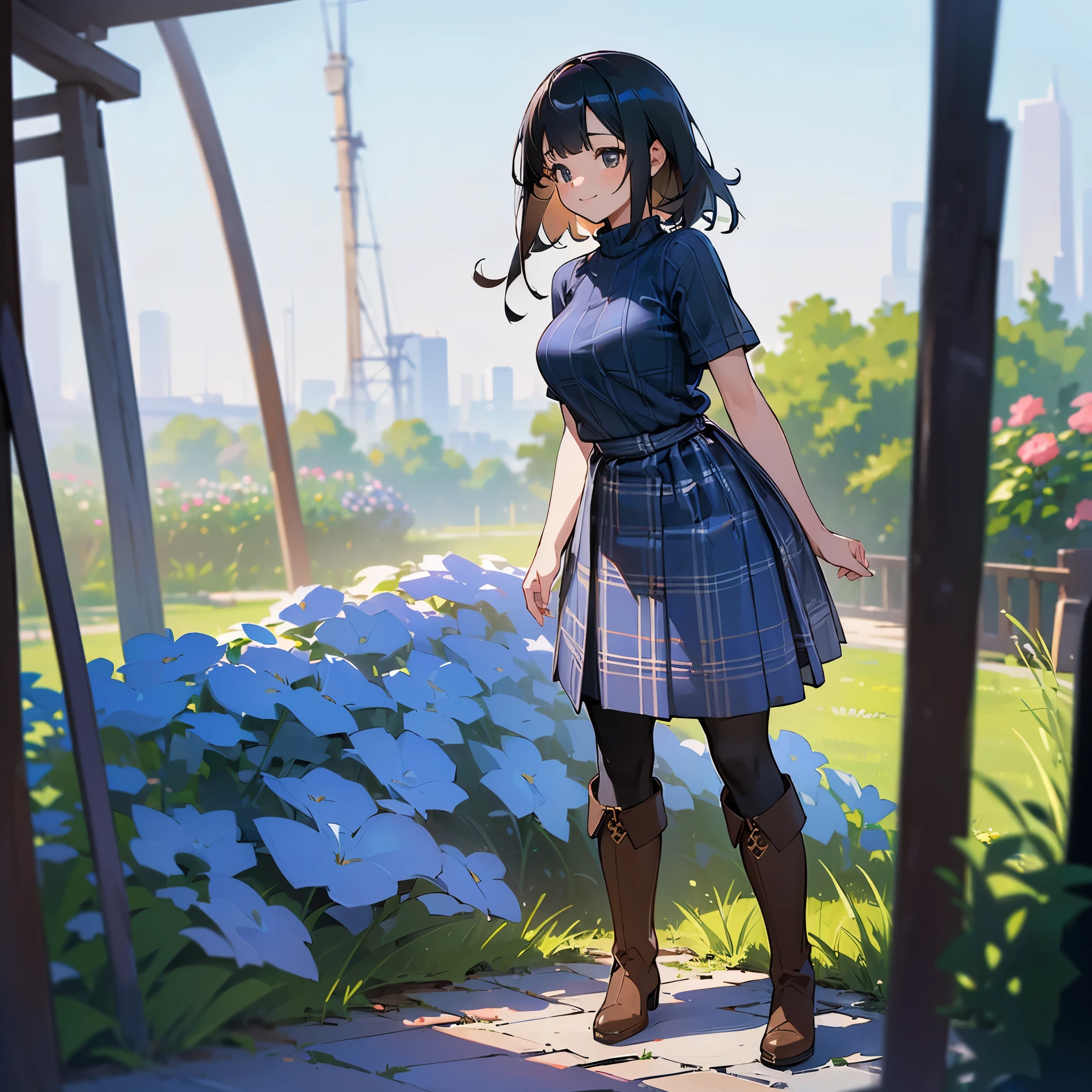(high quality, High resolution, Very detailed, reality:1.37), Peaceful atmosphere, (Outdoor, garden), Teenage girl standing alone, (my breasts are big.), Beautiful details, Cute Smile, (Black bob hair), Short sleeve ribbed sweater, Blue plaid skirt, black tights, Brown boots.