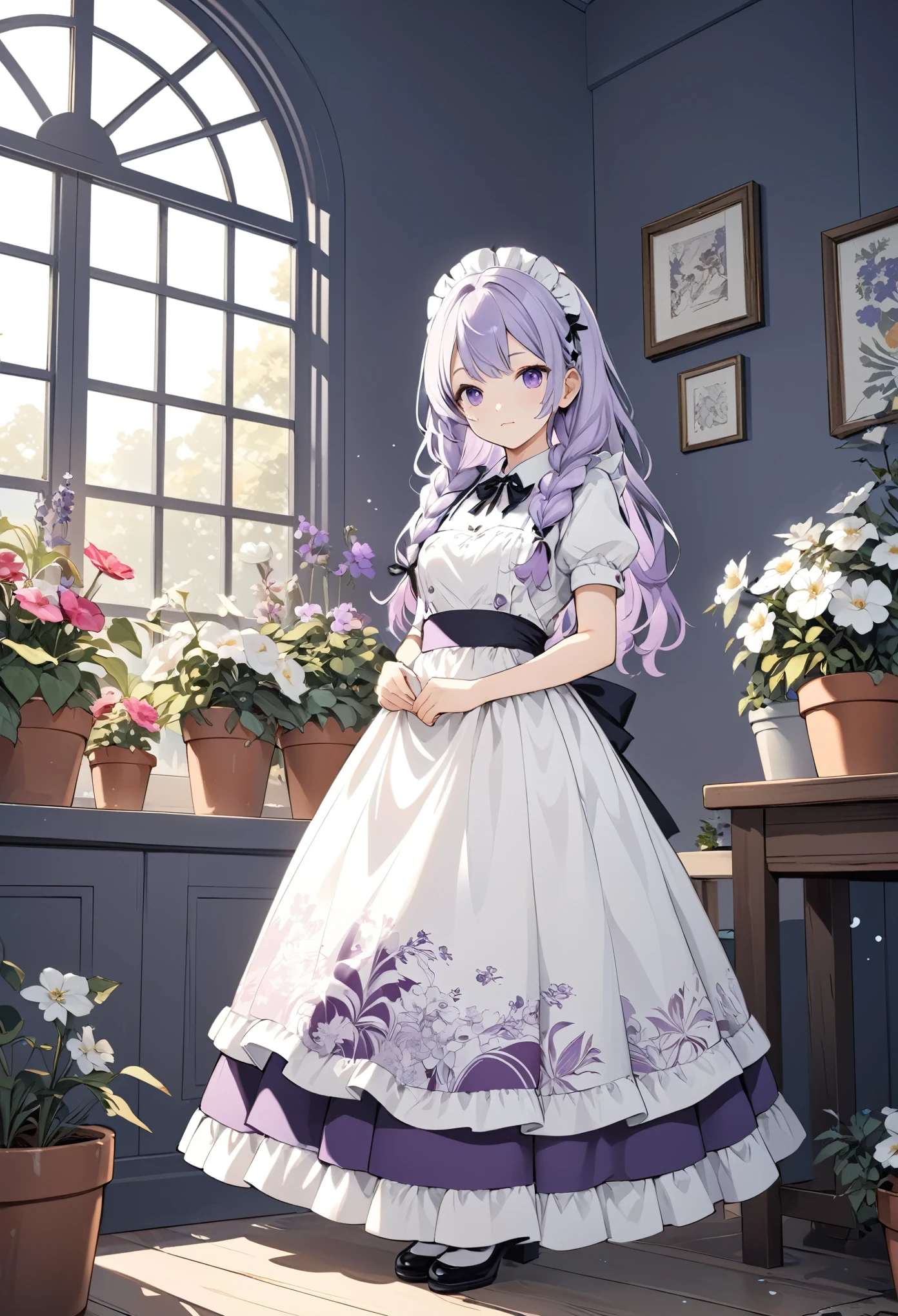 Best Quality,Official art,the Extremely Detailed CG Unity 8K Wallpapers,Slight retro color,riso print style,Illustration,Cute,1 girl,Wearing maid outfit, yinji, purple hair, purple eyes, long hair, white hair, double braids, gradient hair, Flowers,Window,flower pots,