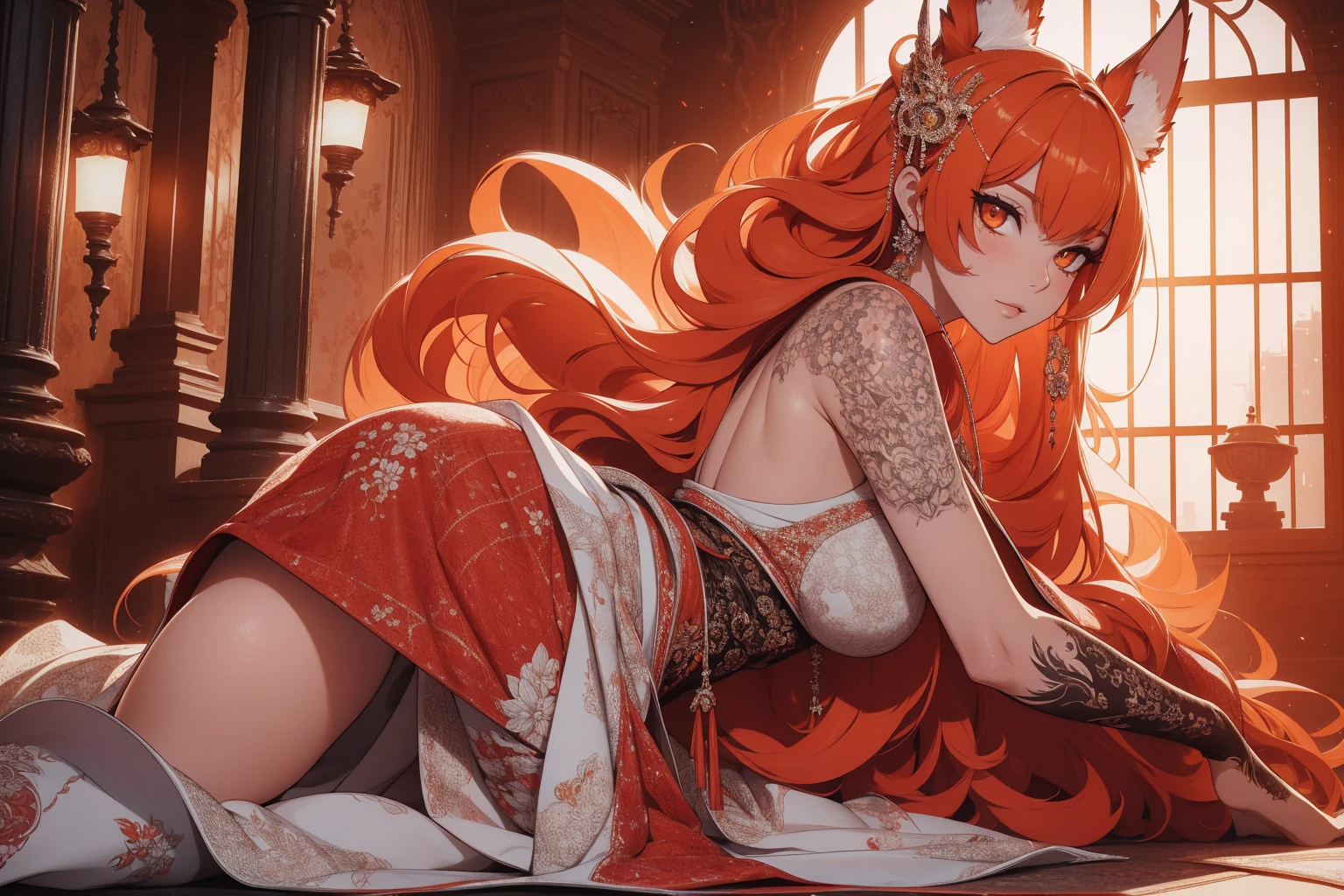 REALISTIC VISION 1.4, BETTER VAE,sharp focus, ultra detail, 32k,realistic photo, intricate details, kitsune, orange hair, oranfe eyes, intricate details ,woman, nine tails,intricate details,intricate details,big , Voluptuous body, intricate details, Miko,clothes long white dress with red details intricate details,tattoos intricate details,full body, laying on the ground, backwards, looking back