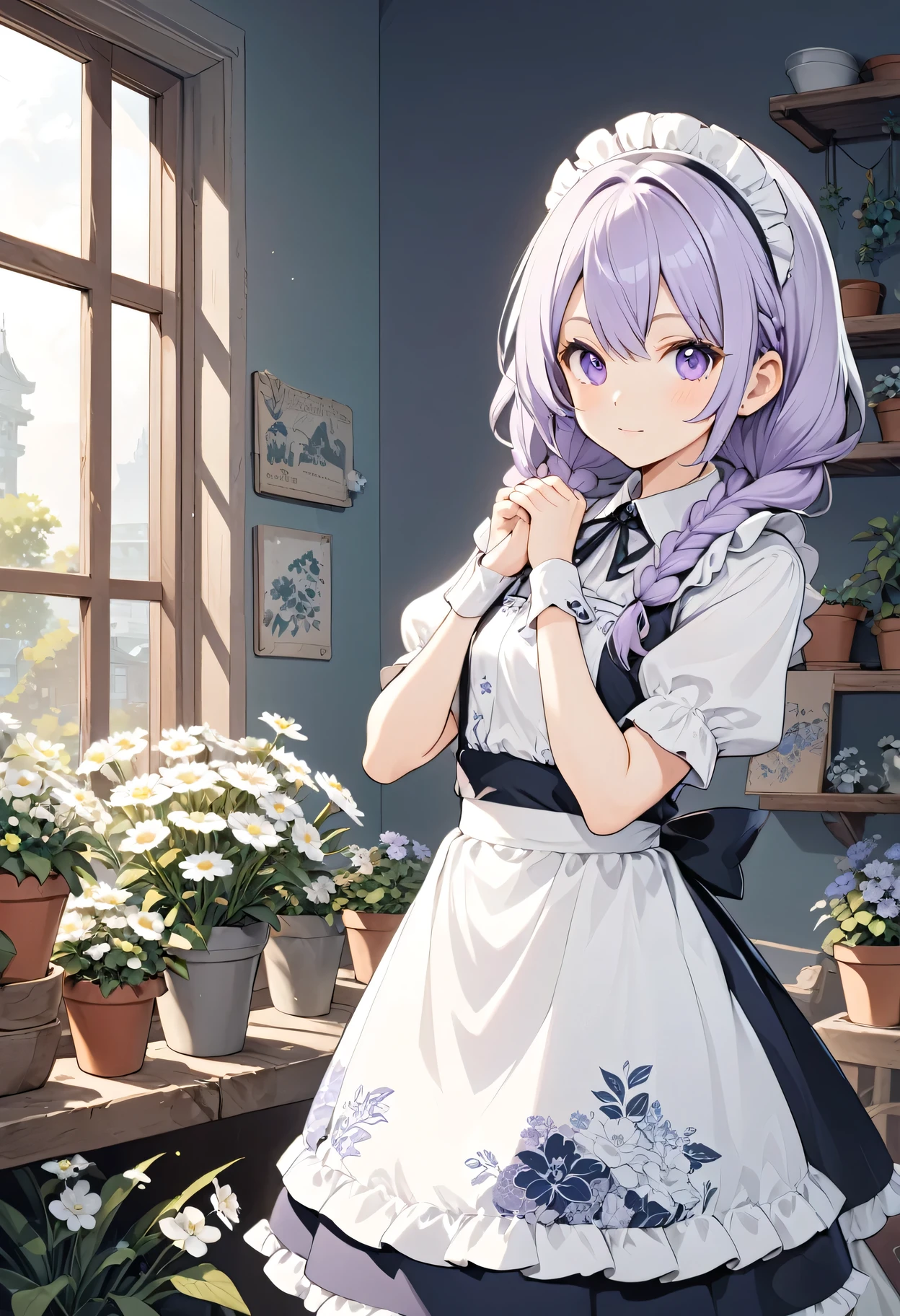 Best Quality,Official art,the Extremely Detailed CG Unity 8K Wallpapers,Slight retro color,riso print style,Illustration,Cute,1 girl,Wearing maid outfit, yinji, purple hair, purple eyes, long hair, white hair, double braids, gradient hair, Flowers,Window,flower pots,