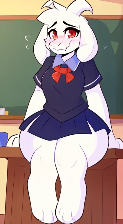 by teranen, by freeedon, by Kilinah, by Coffeesoda, by Hioshiru, by Kilinah, (asriel, woman, breasts, antrum, extremely detailed, extremely detailed legs, extremely detailed arms, extremely detailed face, perfectly detailed eyes, perfectly detailed anatomy): 1.2, solo, perspective, curved thighs, huge thighs, curvature, embarrassed smile, (tail), totally blushed, nervous, looking at the viewer, bedroom, red eyes, school girl uniform, school, day, classroom, sitting on a desk