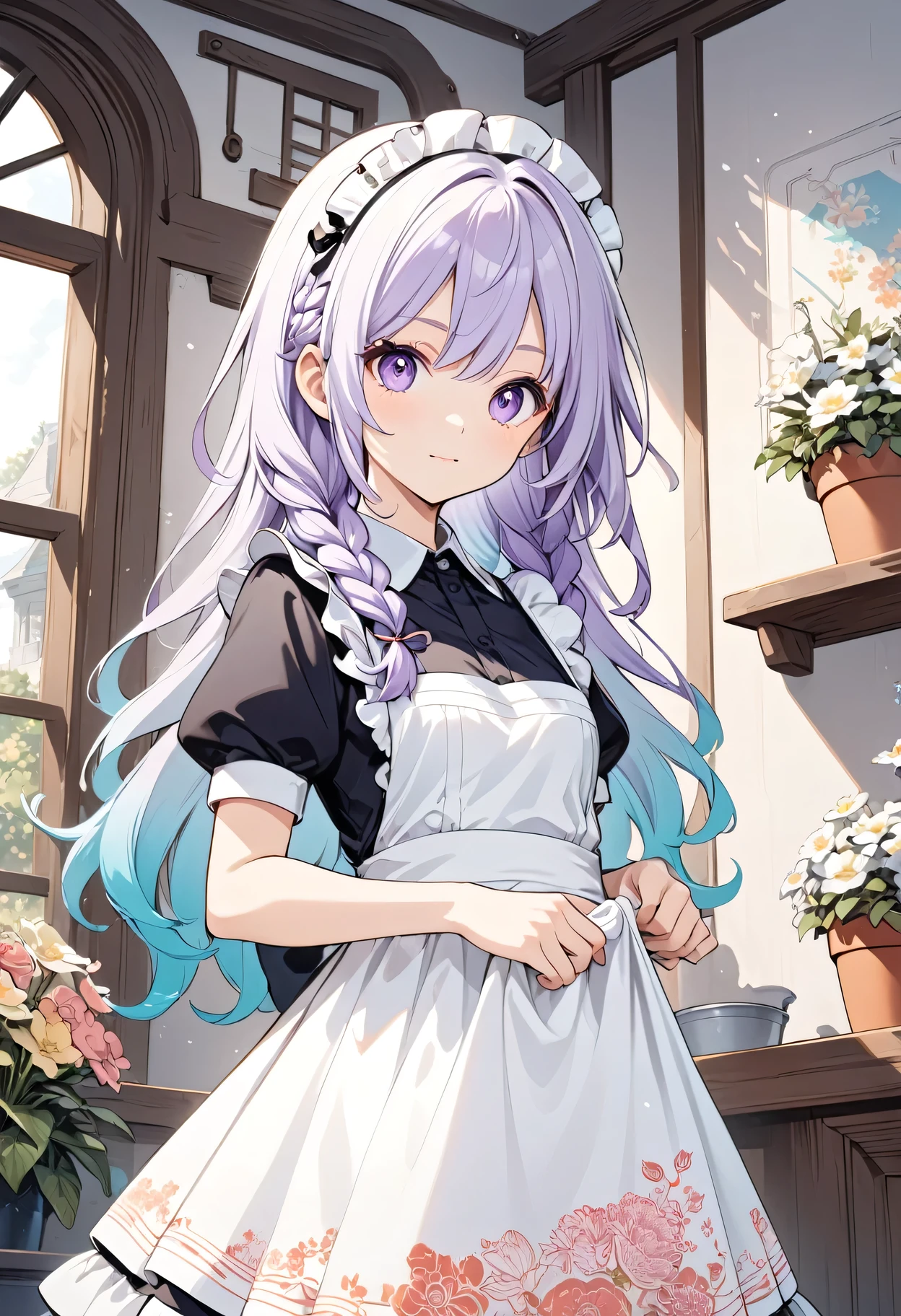 Best Quality,Official art,the Extremely Detailed CG Unity 8K Wallpapers,Slight retro color,riso print style,Illustration,Cute,1 girl,Wearing maid outfit, yinji, purple hair, purple eyes, long hair, white hair, double braids, gradient hair, Flowers,Window,flower pots,