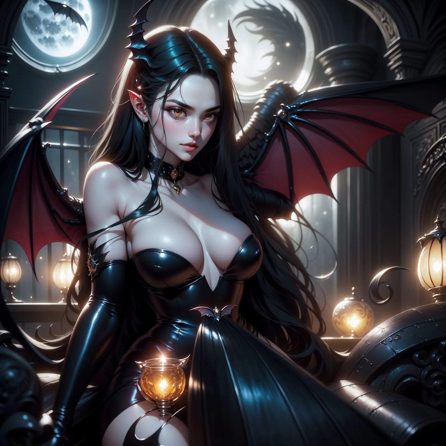 (masterpiece, top quality, best quality, official art, beautiful and aesthetic: 1.2), (1 woman: 1.3) Succubus girl, long black hair, yellow eyes, succubus wing, attractive, moonlight, dinamic poses