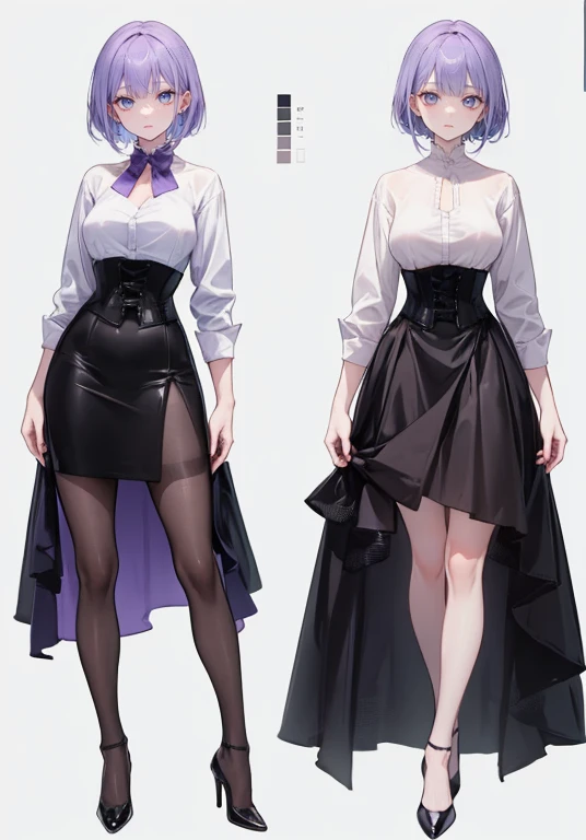 Purple hair,short hair,Adult female,(suit),Dress shirt,((Roll up your sleeves)),(Corset),(Tight skirt),(high heels),The heel is visible,((Simple background)),Smile,((Full body)),((whole body)),Character Sheet,