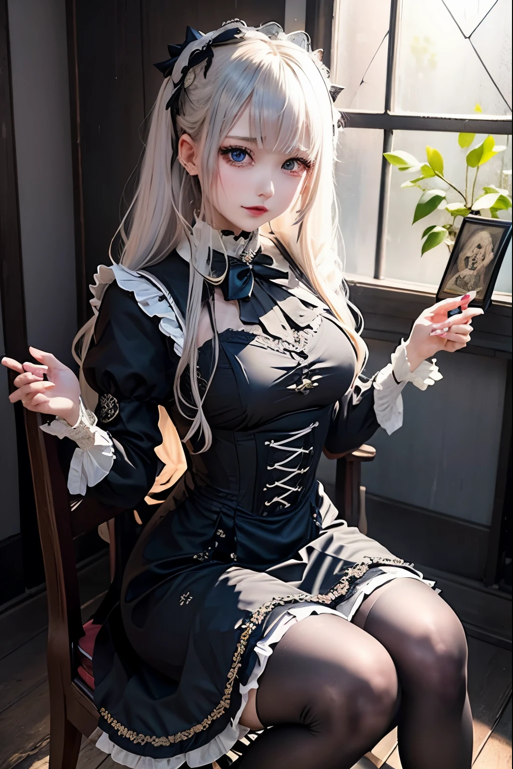 ハードDark Gothicメイク、Deep Night Sky、Horror、Black dark eyeshadow、cry、sad、Good skin radiance、Dark smile、palace、24-years-old、Embarrassed look、Dark Gothic、Obscene language、highest quality、Drunk face、紫のMaid clothes、Mysterious、Noble、sexy、Loving smile、Right blue eye, Left eye is red、Platform Heel Shoes、Heavy makeup、Gothic Lolita Clothing、A little slimmer、Silver Hair、Long Hair Straight Hair、Cute Gothic Lolita Dress、Beautiful Face、elegant features、Fascinating face、Stained glassが背景、Chest glistening with sweat、The room is dark、gothic long dress、Bell Sleeves、Wizard Sleeve、Decadent look、Sexually excited expression、Glossy thighs wet with water、Thighs that are wet and shiny with oil、Background of a room full of roses、The embroidery is pink、The dress has pink embroidery、Thigh-high socks、Knee-high socks、Gentle expression、Dark black eyeshadow、Stained glassと薔薇背景、Female Duo、Female couple、dark church background、Stained glass、Black metal world、Dark Castle、Slender body、Maid clothes、Victorian dresses、Her thighs glisten with sweat、My body is wet and shiny、Lots of glitter on the thighs、sweating、My thighs are sticky from sweating、Sweat glistens on the thighs, The whole body is sweaty and shiny、Quite sweaty、My thighs are sweaty、My thighs are so wet、My thighs are shining with sweat、A lot of sweat glistens all over the body、Small breasts、Orchestra Stage、Dynamic Angle、sitting on a gothic chair、Play the violin、With a violin、Press the violin strings、rubbing the violin strings、violinist、Thin thighs、