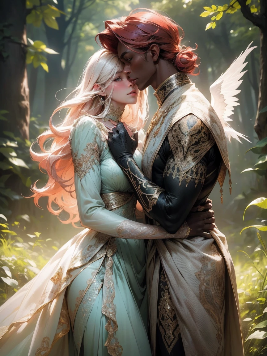 {-erro_de_anatomia:1.0}(best quality,4k,8k,highres,masterpiece:1.2), ultra-detailed, (realistic,photorealistic,photo-realistic:1.37), mature milf, illyasviel von einzbern, redhead hair, upper body, vibrant colors, glowing skin, mesmerizing eyes, brown eyes, elegant pose, enchanting background, delicate lace dress, green dress, surreal lighting, ethereal atmosphere, mystical aura, intricate details, artistic medium, digital illustration, fantasy, anime, walking on nature, kissing a beautiful black man (black skin)