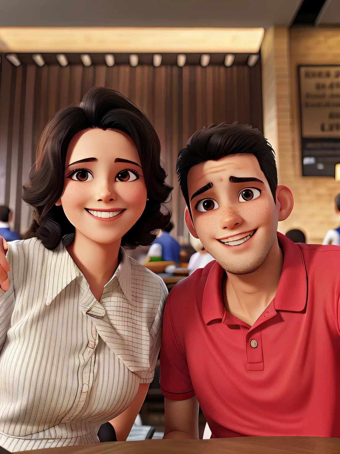 Mother and son in restaurant