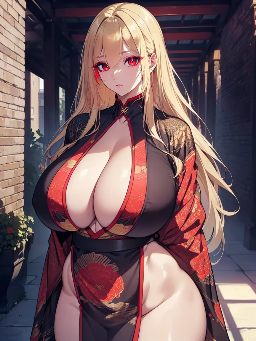 (Uhd, Masterpiece, Textured Skin, Super Detail, High Details, High Quality, Best Quality), Detailed Face, 1woman, mature pretty woman, ((wide hips, thick thighs, huge breasts)), ((Long blonde hair)), ((Black kimono with red patterns), (Huge body:1.5), (Cultivator), Courtyard with a stone floor