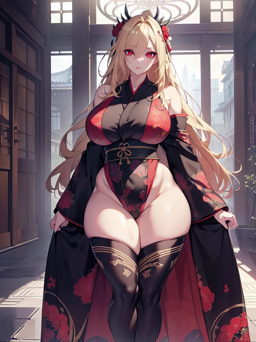 (Uhd, Masterpiece, Textured Skin, Super Detail, High Details, High Quality, Best Quality), Detailed Face, 1woman, mature pretty woman, ((wide hips, thick thighs, huge breasts)), ((Long blonde hair)), ((Black kimono with red patterns), (Huge body:1.5), (Cultivator), Courtyard with a stone floor
