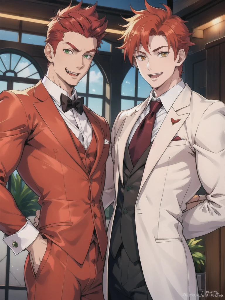 Muscular man, red hair, green eyes, light pink skin, vampire ears, with suit, 2 somewhat thin man, orange eyes, brown hair, with happy smile.