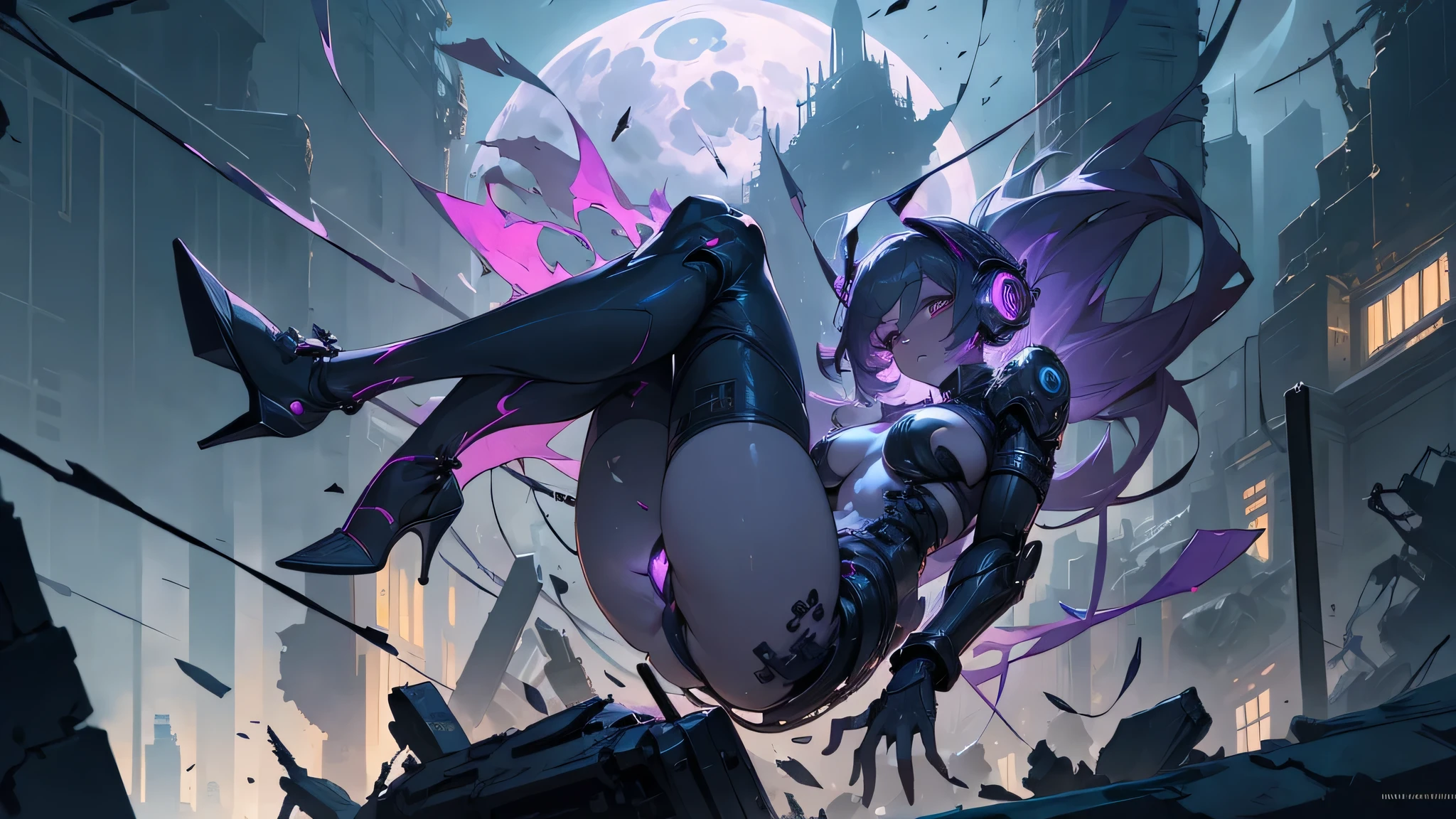 Female cyborg wearing headphones、A little broken、1 female、Big Breasts、sexy、Moonlight、Unbuttoned、Downlight、full moon、In the rubble、In the ruined city、Butt、Beautiful buttocks、Plump、Sideboob、Half naked、Eyes glowing red、Flying through the sky using jets on his back and legs