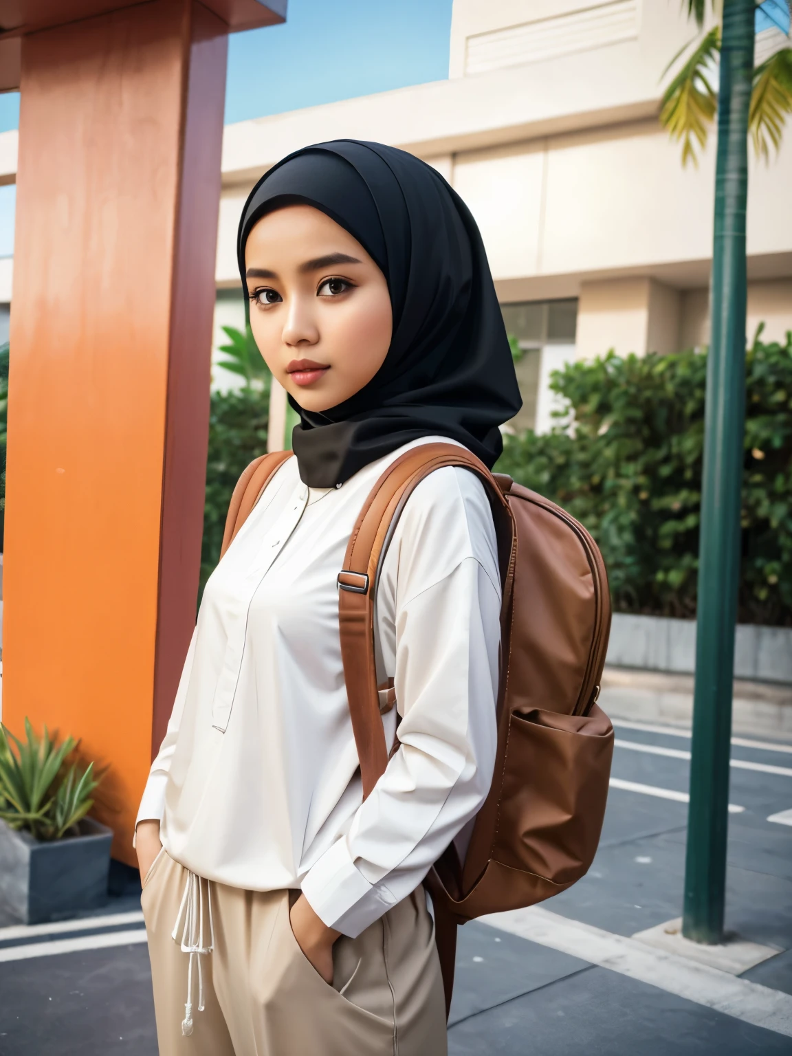 Masterpiece, hd, realistic, Malay girl in hijab wear big oversized loose white collared shirt and light brown high waist pants, ootd, (hijab:1.0), wearing black backpack, (black backpack:1.1), travel backpack, front view, detail skin, detail skin texture, small breast, standing, outdoor 