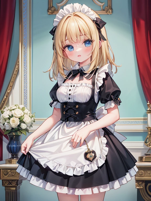 masterpiece, highest quality, Very detailed, 16k, Ultra-high resolution, Cowboy Shot, Detailed face, Perfect Fingers, 14-year-old girl, blue eyes, Blonde, Wavy Hair, Black maid outfit, Dreamscape, Buckingham Palace in England, Standing in front of the palace