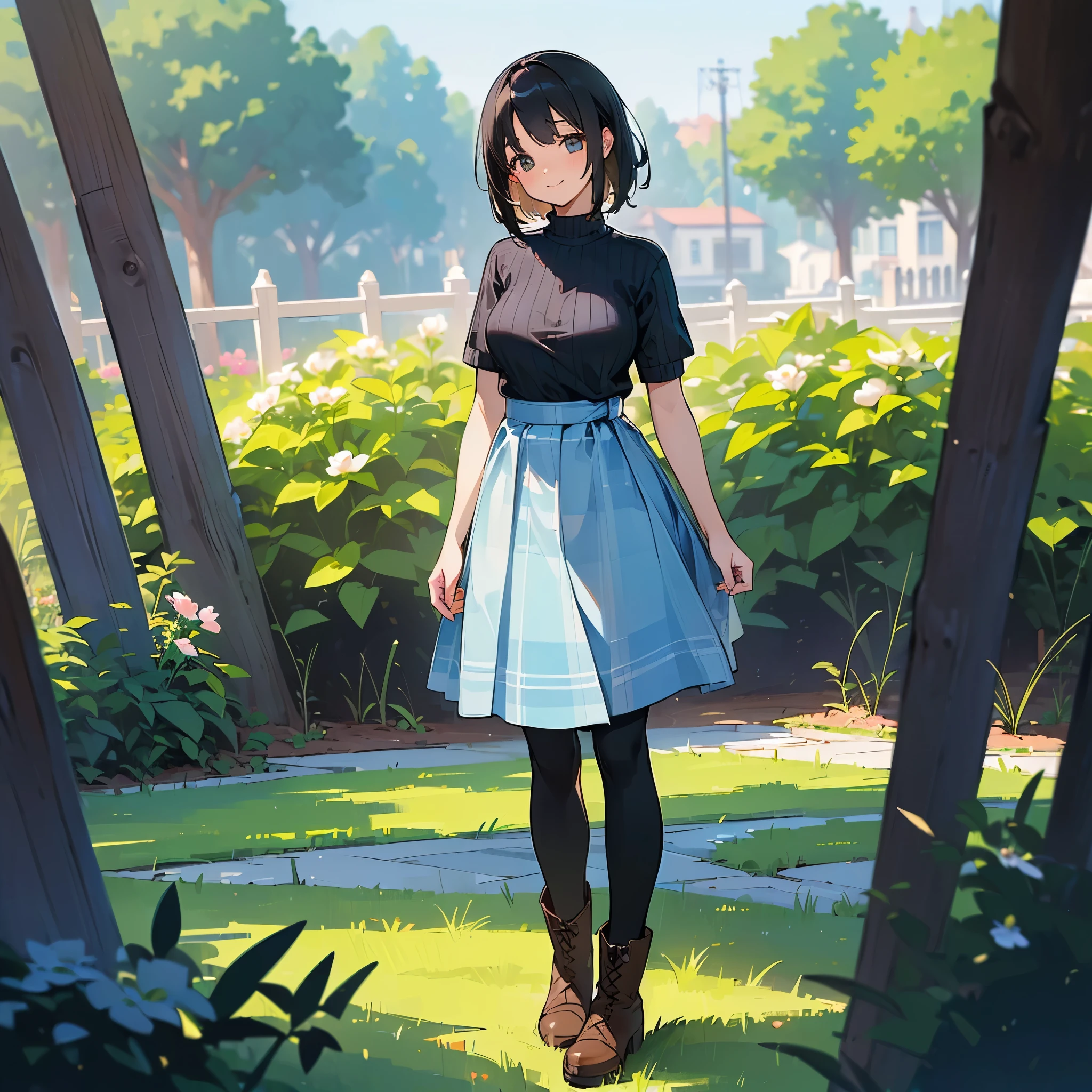 (high quality, High resolution, Very detailed, reality:1.37), Peaceful atmosphere, (Outdoor, garden), Teenage girl standing alone, (my breasts are big.), Beautiful details, Cute Smile, (Black bob hair), Short sleeve ribbed sweater, Blue plaid skirt, black tights, Brown boots.