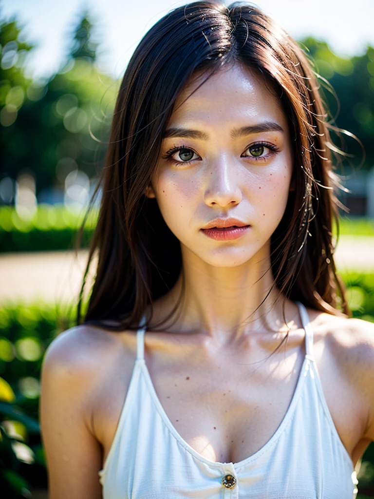 Film portrait photography, 2 girls, 2 girls，background：sun，sunny，twin，bare shoulders, Shoulder length wavy hair, Snow-white cheongsam，(Realistic and detailed eyes, natural skin texture, Realistic facial details),, depth of field, Bokeh, Vibrant details, Detailed and detailed, Surrealism, 35mm film, hazy, ,Selfie，