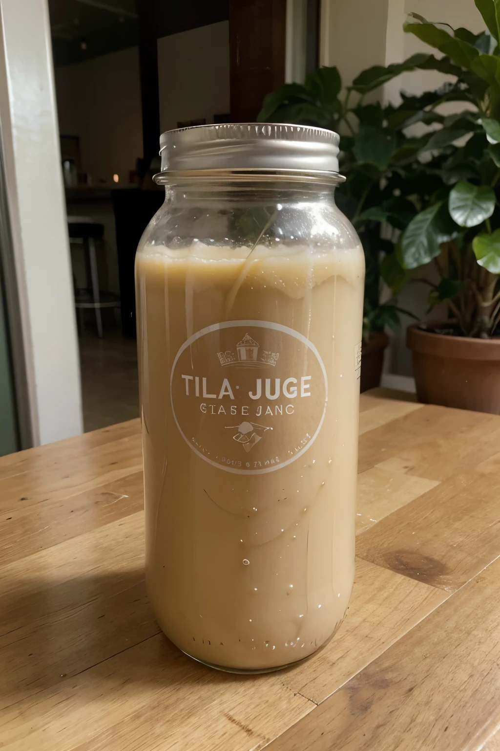 image of a sugar cane juice product but that it is in a bottle like large companies have and in the logo it says sugar cane juice 100% natural, ahora que la tapa sea de plastico color cafe y las letras sean mas claras y que diga "sugar cane juice 100% natural" and inside the bottle it contains sugar cane juice