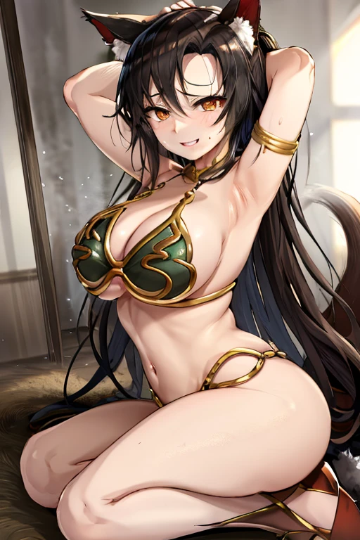 masterpiece, best quality, beautiful art, high resolution, well formed hands, body and fingers, 1 woman, solo, Imaizumi Kagerou, wolf ears and wolf tail, wearing a slave Leia outfit, adult, big breasted, cleavage, full body, sexy and skimpy outfit , gorgeous legs and thighs , she is fighting in a combat match, showing her fighting skills, making her guard, about to hit the viewer, looking at the viewer, sweating, bouncing breasts, smiling joyfully and brightly, being confident and proud, action and fighting scene, martial arts tournament with beach environment 