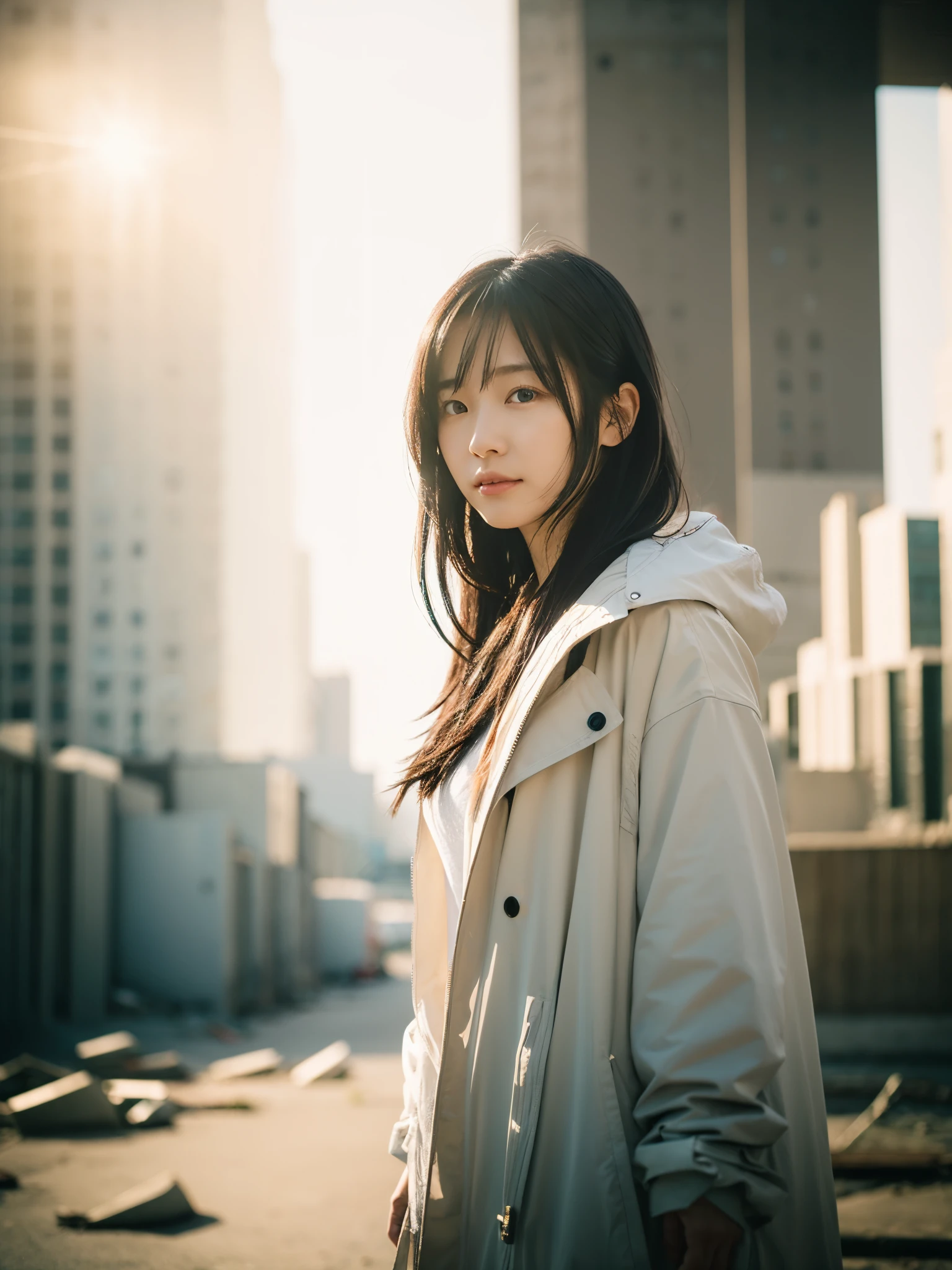 Photorealistic, high-quality 32k photo,16mm lens, f/1,whole body,A little bit of nature in a ruined futuristic city.A simple and beautiful Japanese woman in a white coat,Black medium hair,A soft smile,The faint sunlight shines in,Backlight
