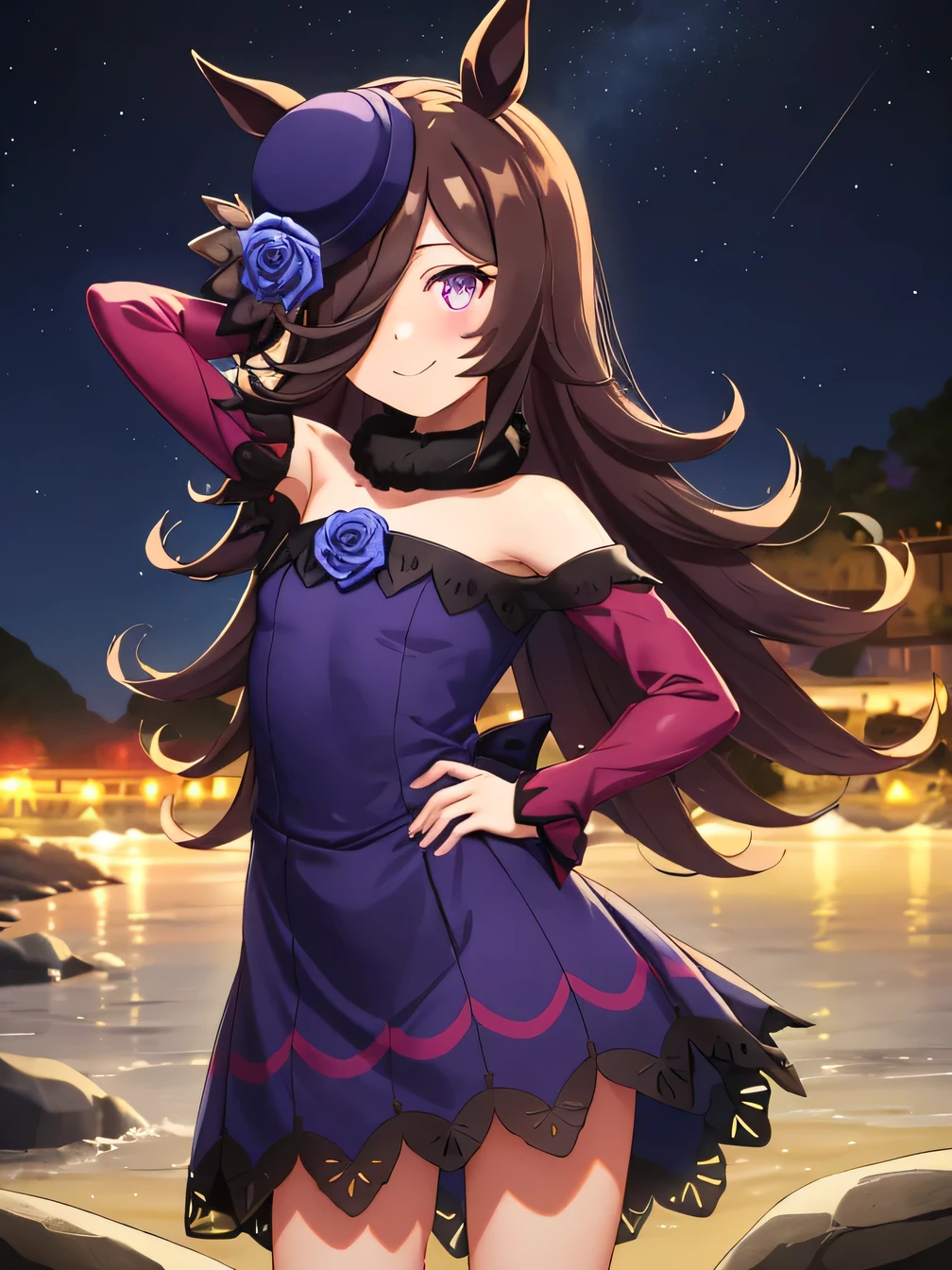 (rice shower \(umamusume\)),(masterpiece),illustration,brown dark hair,long hair,purple eyes,swept bangs,long bangs,long hair,small breast,hair covers right eye,small formal hat on right ear,Purple rose on the hat,purple dark dress,bare shoulders,fur collar,blue rose,short dress,boots, solo, (cowboy shot:1.5), night sky, beach, arm behind head, hand on hip, contrapposto, spread armpits, looking at viewer, best quality, closed mouth, smile, blushing,