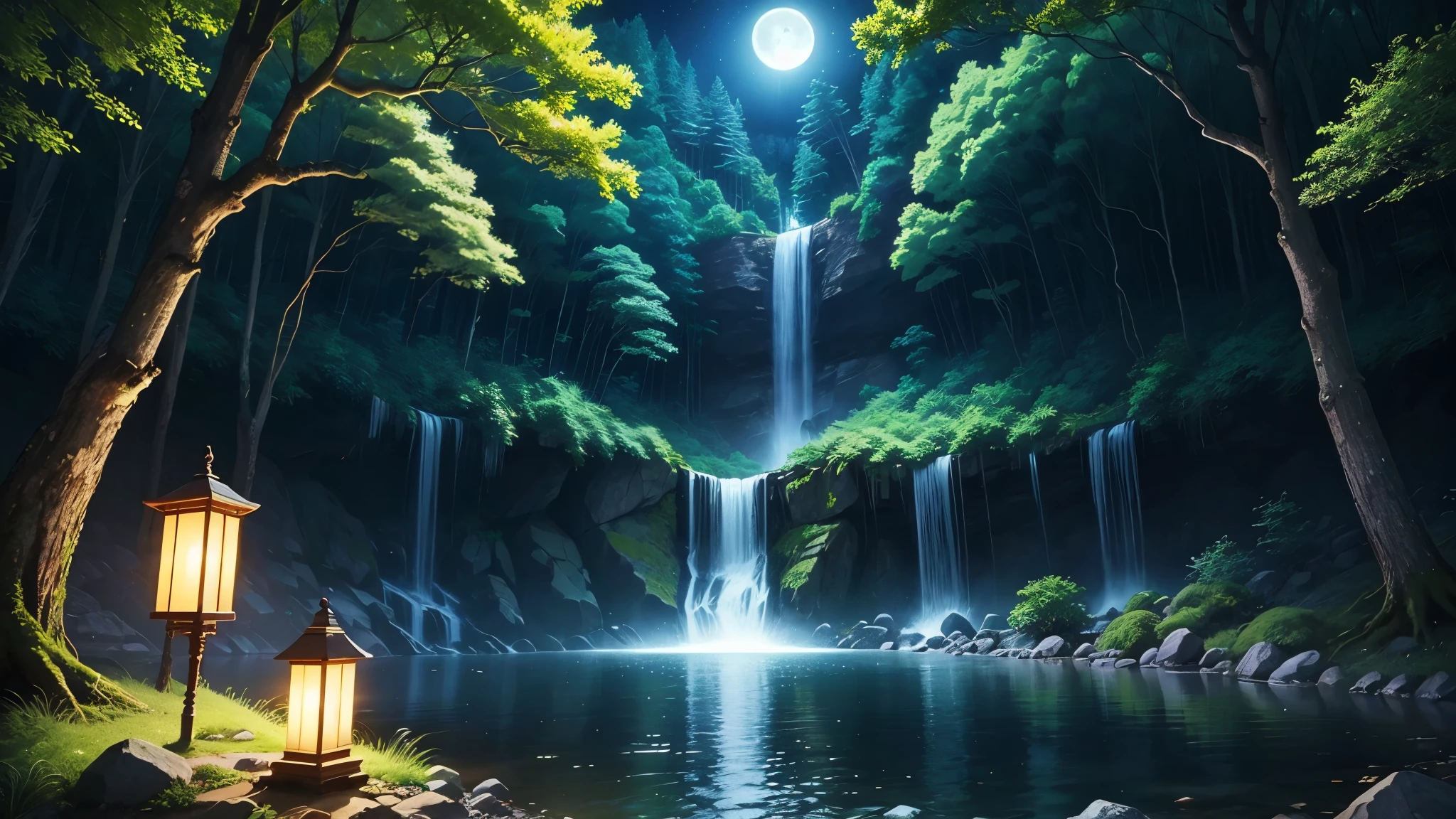 Fantastic night forest、There is a waterfall deep in the forest、moonlight、Firefly Light