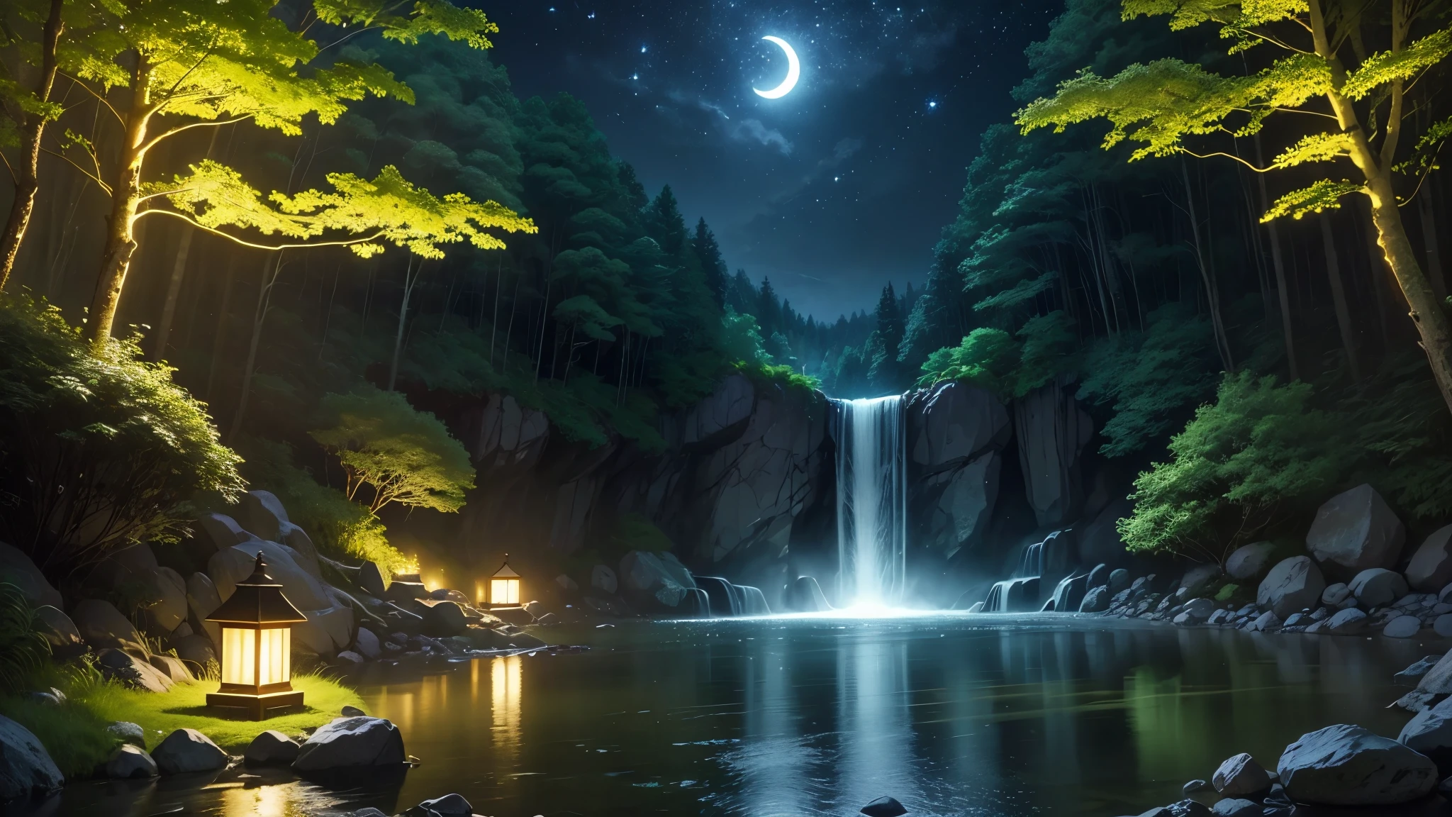 Fantastic night forest、There is a waterfall deep in the forest、moonlight、Firefly Light