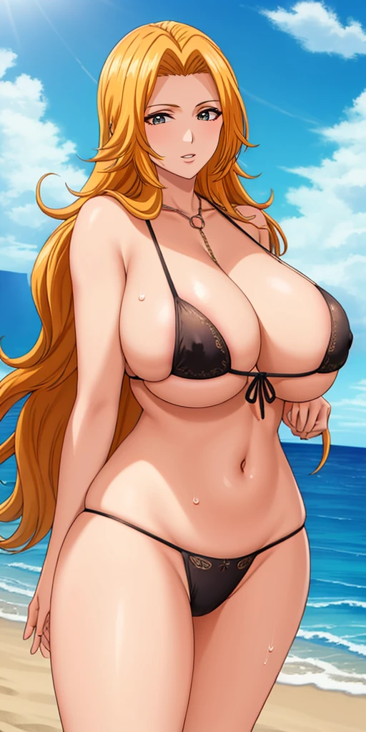 Matsumoto_rangiku, huge_breasts, 1chica, solamente, Afrodita, adornos para el cabello, flores en el cabello, pechos enormes, cuello, pulseras doradas, obra maestra, mejor calidad, colores vibrantes, NSFW, oversized gigantic breast, Mujer completamente madura, Cabello largo, happy face, in the beach, (Beautiful_cara:1.5), (estrecho_cintura) cinematic lighting, bust shot, extremely detailed CG unity 8k wallpaper, muscular, (gigantic breasts:1.0), big eyes, (curvy:0.8), caustics, (sunbeam:0.8), water below the thighs, oversized gigantic breast, BBW | Mujer completamente madura,{{{1girll}}}, {{{La mejor calidad}}}, {{{HDR, hiper HD, 8k }}}, {{Pintura ultrafina}}, {{{Obra maestra}}}, {{Ultra detallado}}, {{extreme detail description}}, (Pechos gigantescos de escote:1.5), smile, 1girl, solo, hair over shoulder, rangiku, blonde hair, blue eyes, Bangs, long hair, 1 girl, closed mouth, (innocent_big_eyes:1.0), Light_Smile, masterpiece, best quality, detailed face, detailed eyes, highres, beach, extremely detailed hands, wide hips, thick thighs, huge round fake breast, erotic smile face, shiny skin, open mouth, breasts squeezed together, on the beach, laying down on stomach sunbathing, sunburned ass, full body, thong, tight thong, black thong, only thong, erect nipples,