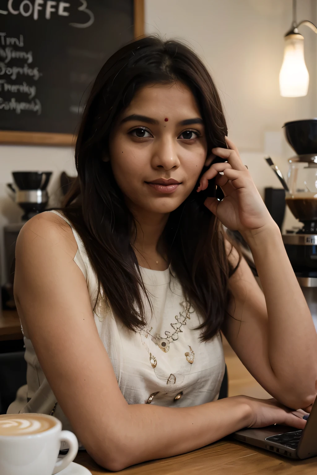 Create an Indian girl at coffee shop 