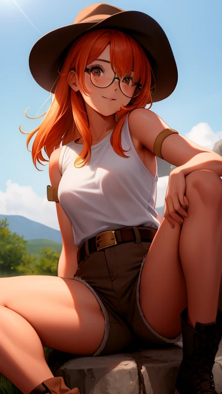 (obra maestra, mejor calidad:1.2),ILLUSTRATION,8K,hd,1 chica,Solo,parte superior del cuerpo,(retrato:1.2),Pechos grandes,gafas circulares,tiene,top corto,diafragma,guantes,ombligo,gorra de beisbol,Protectores de rodilla,shorts cortos,colas de caballo,botas,Brown eyes,pantalones cortos marrones,belt,sonrisa, embalar,brown tiara,cabello rojo,hip vent,chalecos,pelo largo,chaleco,
