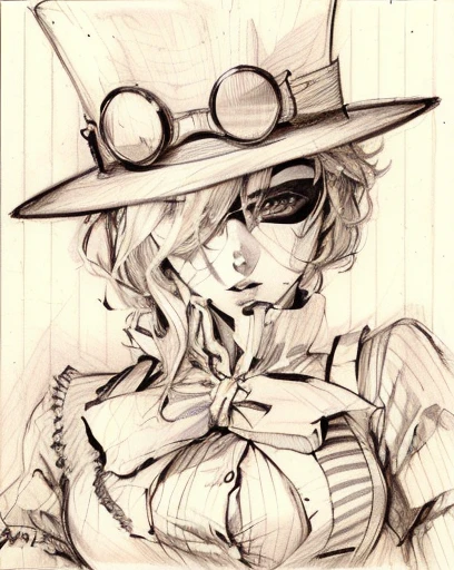 drawing of a woman with a hat and goggles on her face, the madhatter, pencil and ink manga drawing, anime sketch, sketch art, he is wearing a top hat, pencil and ink manga, cool shading, the mad hatter, inspired by Kawabata Ryūshi, high quality sketch art, mad hatter, monochrome artwork!!