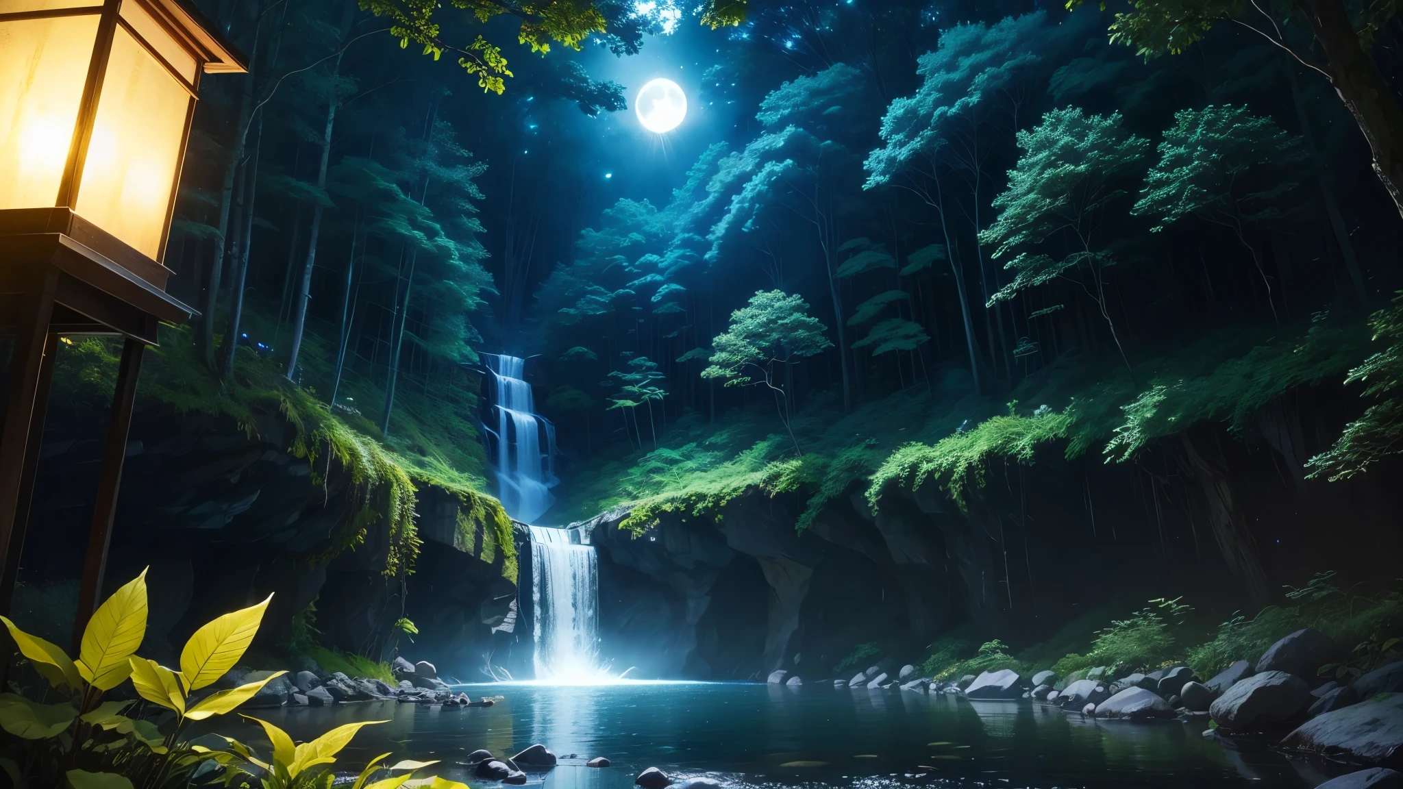 Fantastic night forest、There is a waterfall deep in the forest、moonlight、Firefly Light